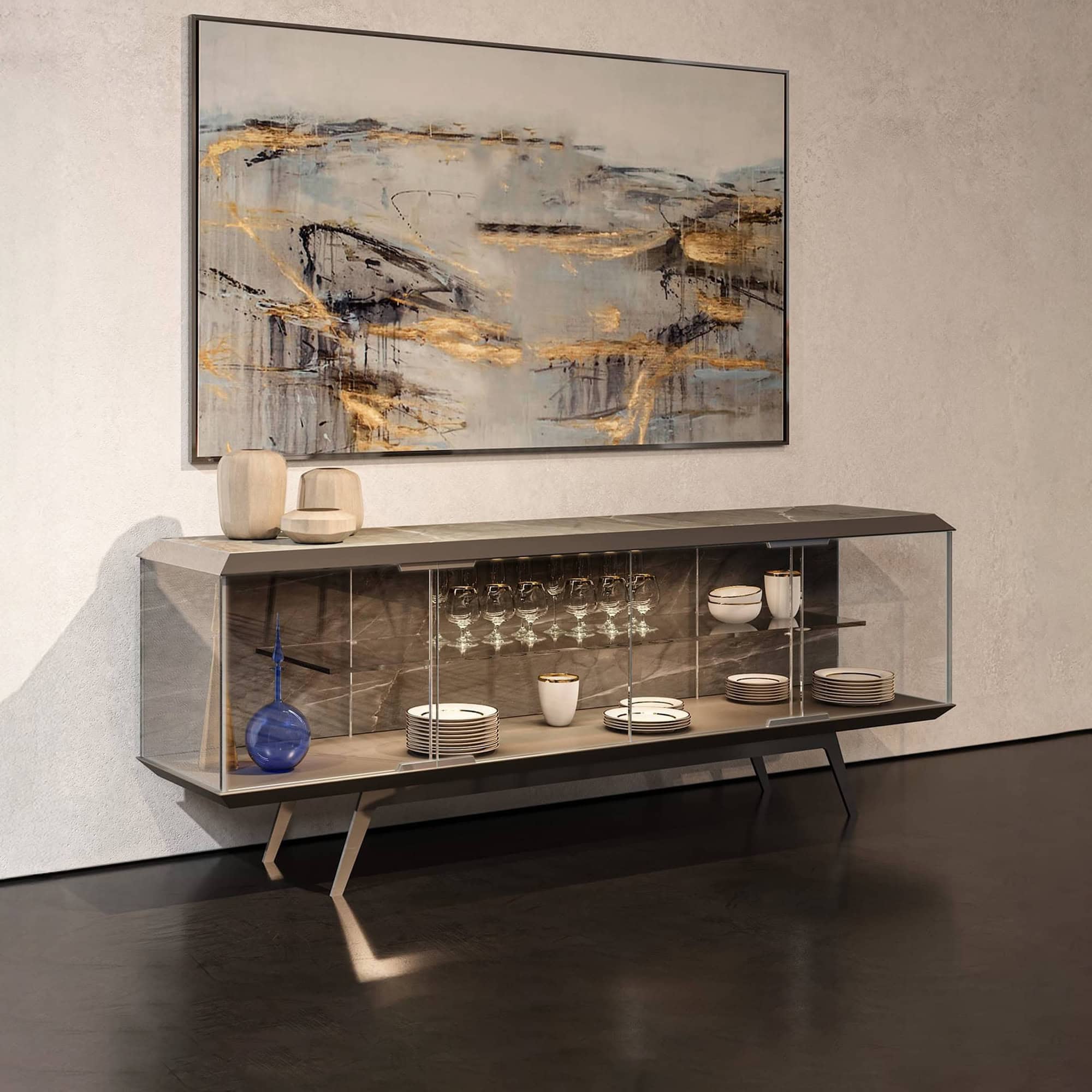 Elegant glass display cabinet showcasing dinnerware and decorative pieces in a contemporary setting.