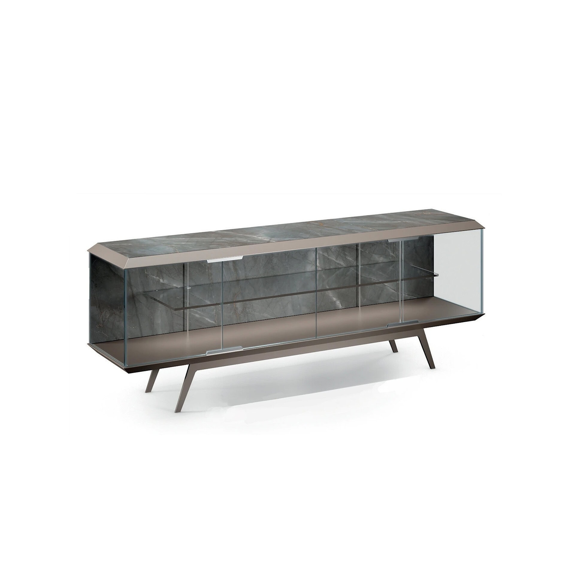 Elegant glass and marble sideboard with wooden legs for contemporary home decor.