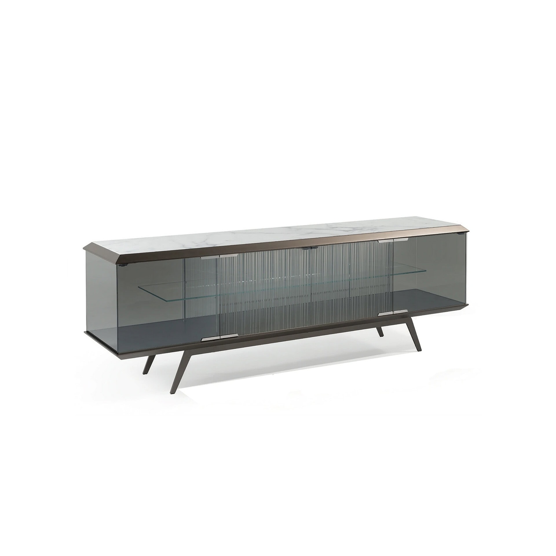 Elegant glass and wood sideboard with sleek design and ample storage space.