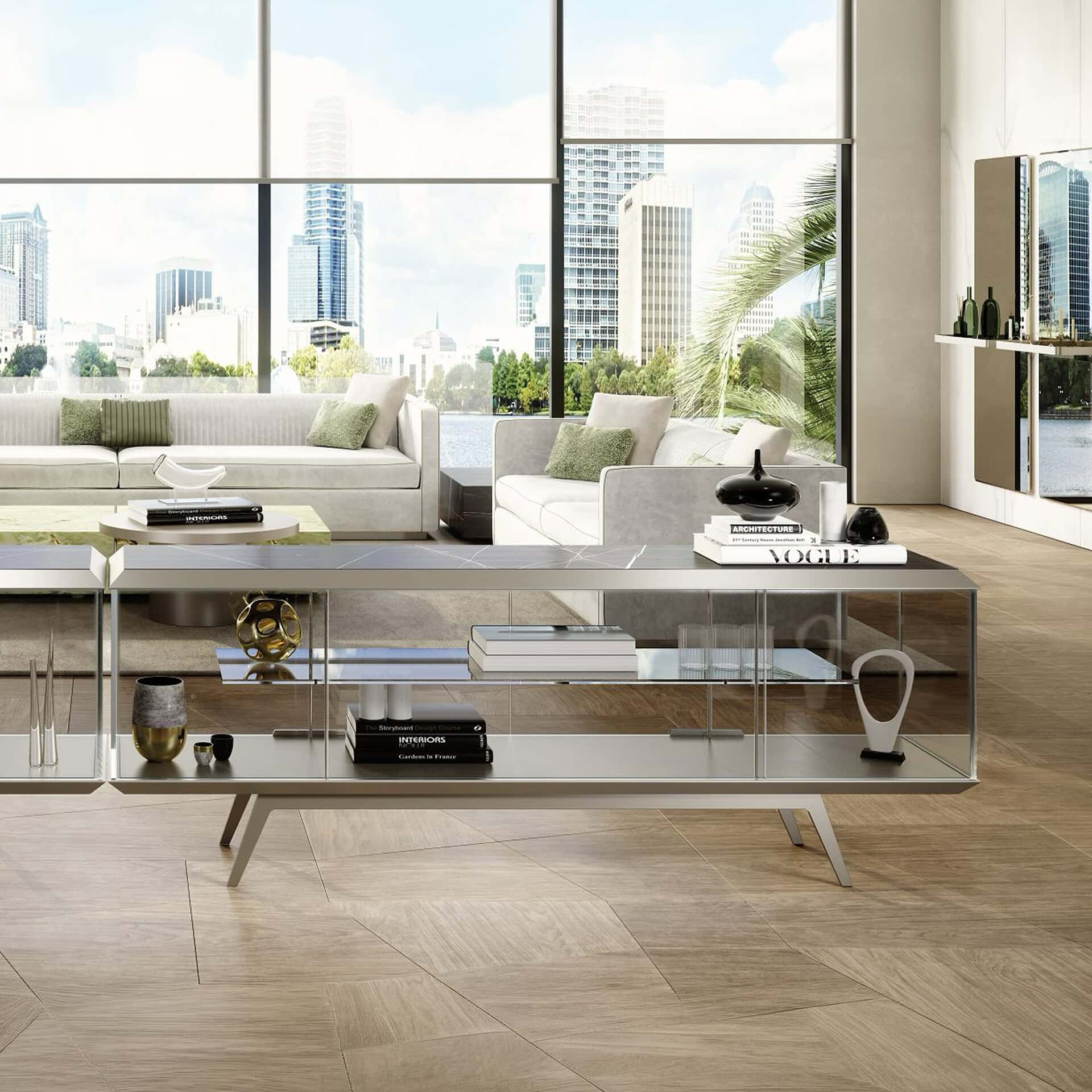 Elegant living room featuring contemporary furniture and large windows with city views.