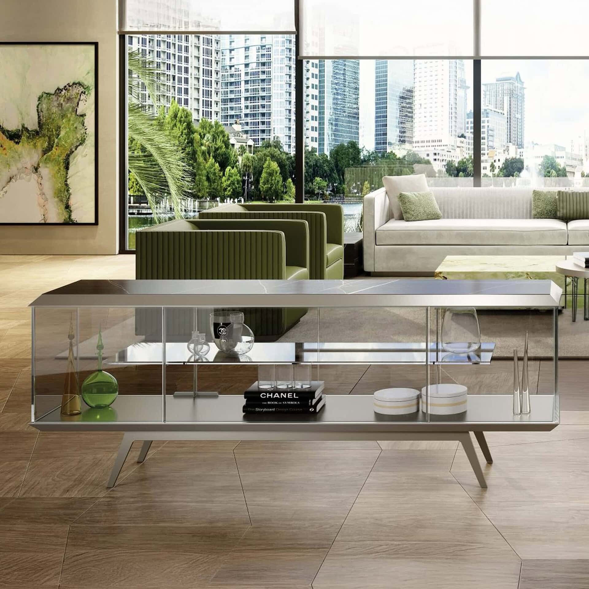 London Glass Buffet by Reflex Angelo styled in a modern living room with glass and bronze finishes.