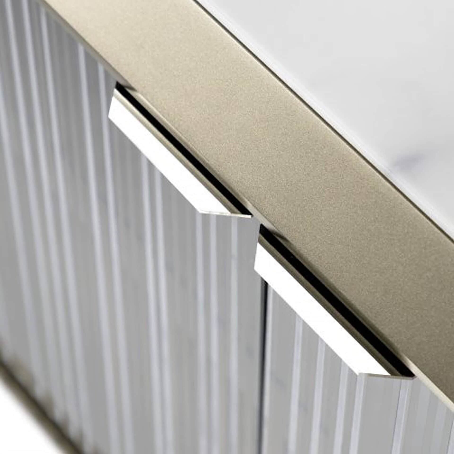 Close-up of the London Glass Buffet chrome handle and glass detailing.