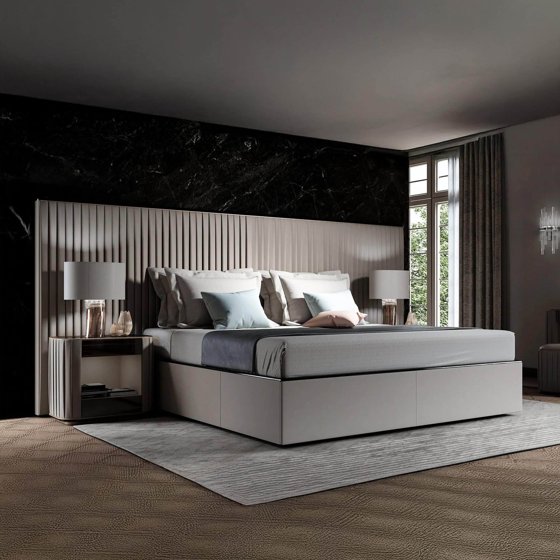Plissé XL Upholstered Bed by Reflex in a contemporary bedroom setting with upholstered headboard and modern decor.