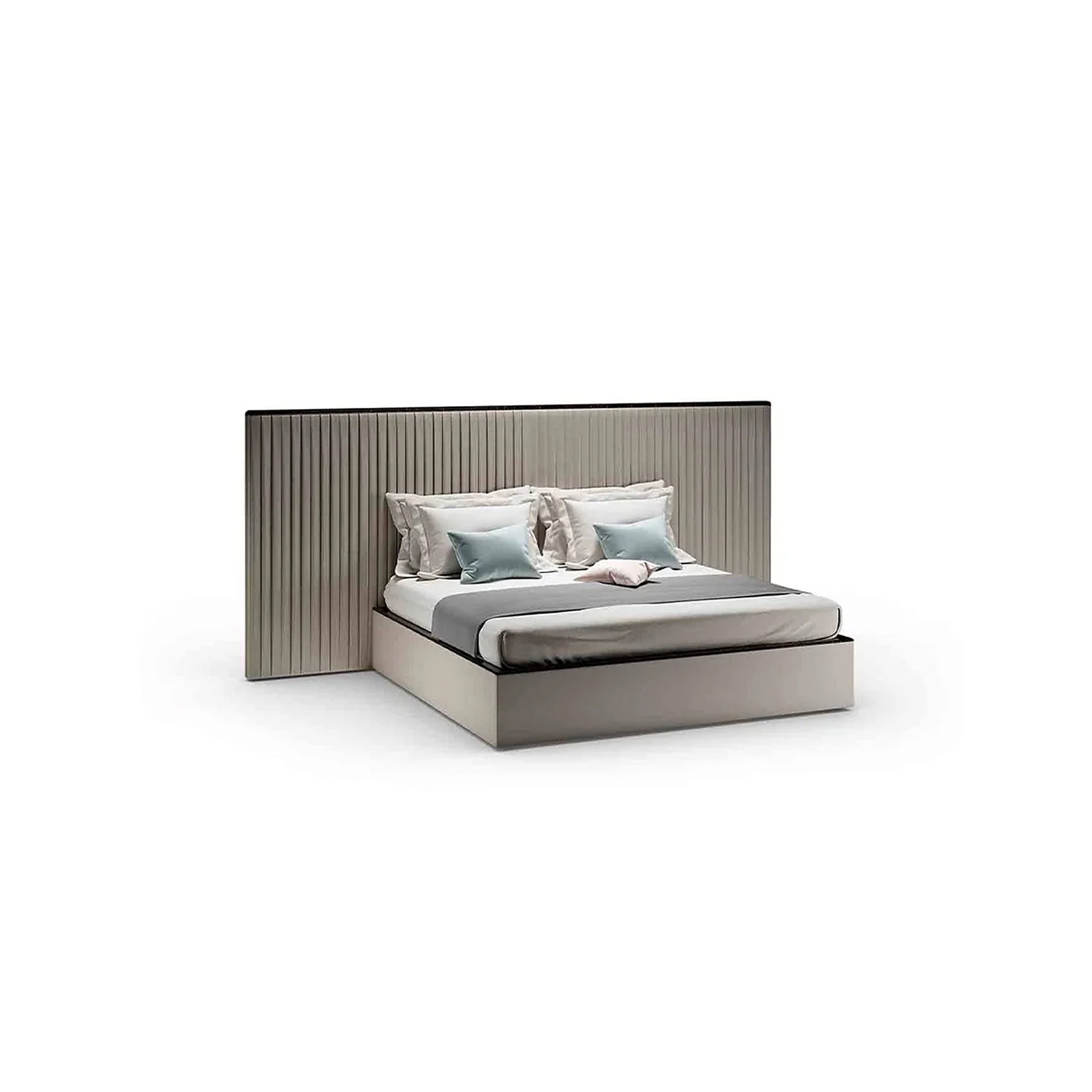 Plissé XL Upholstered Bed by Reflex with padded pleated headboard in a light modern finish, front view.