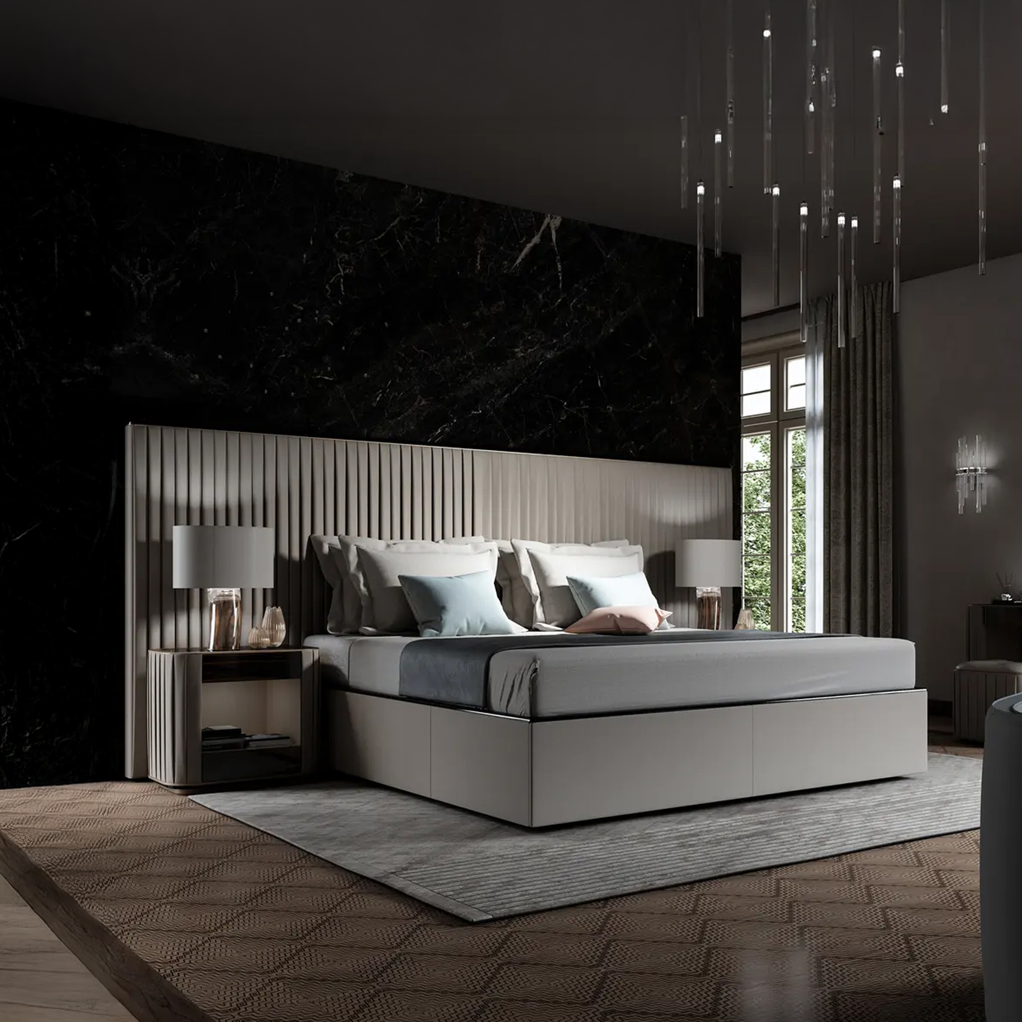 Plissé XL Bed by Reflex in a contemporary bedroom setting with upholstered headboard and modern decor.