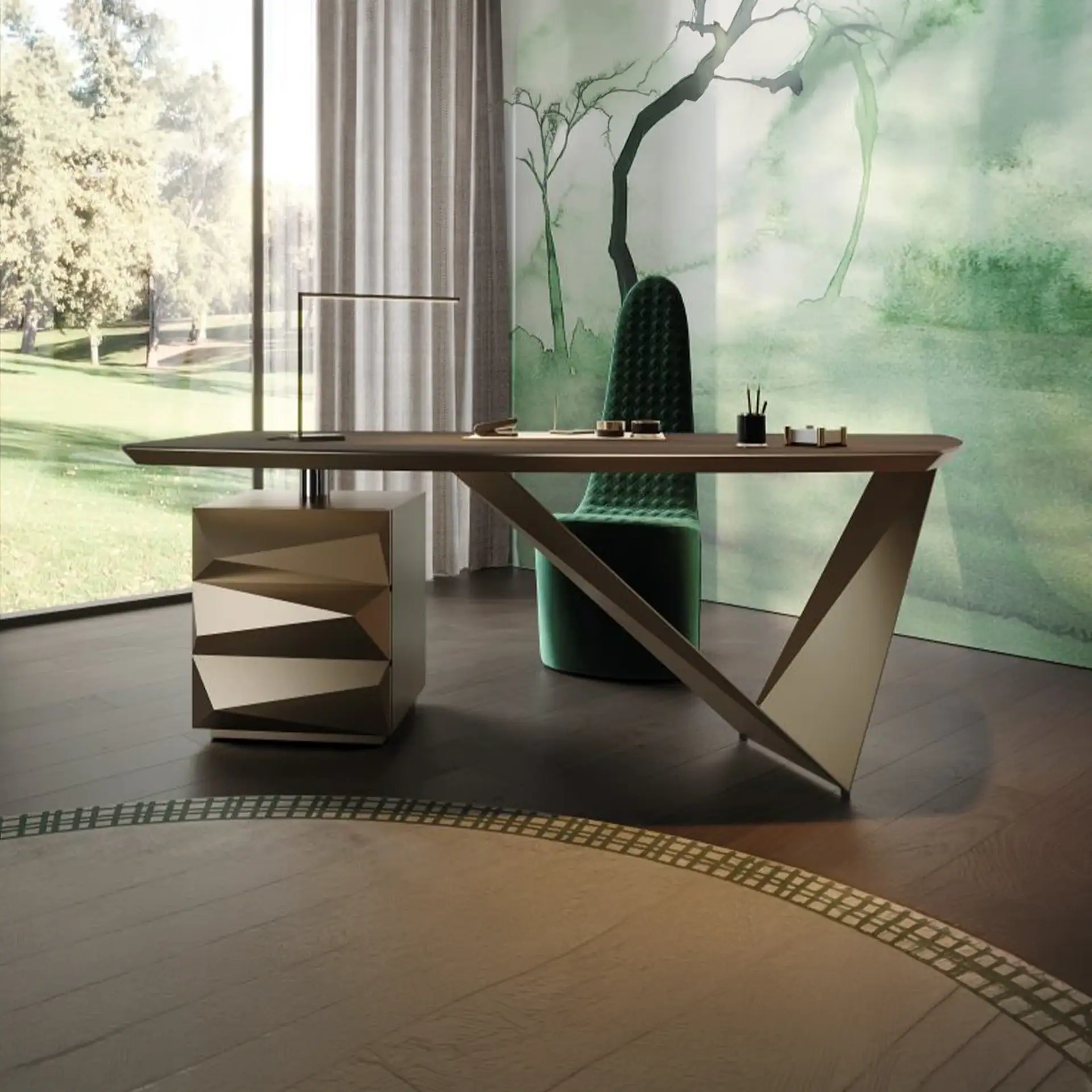 Modern Prisma Steel Scriviana Desk with green chair in stylish office setting.