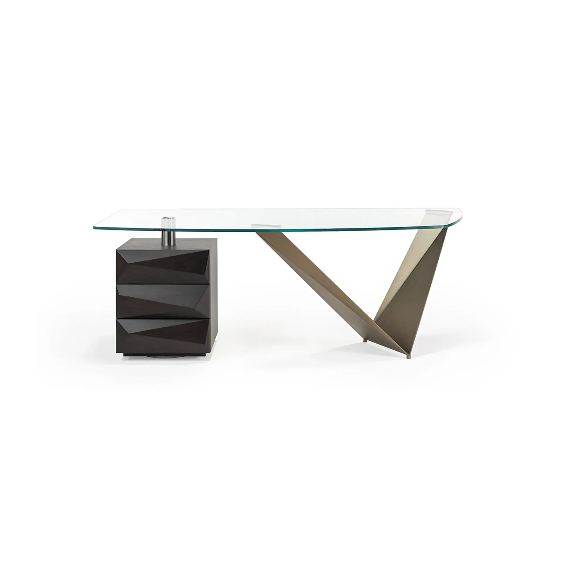 Modern glass and steel desk with unique angular support design.
