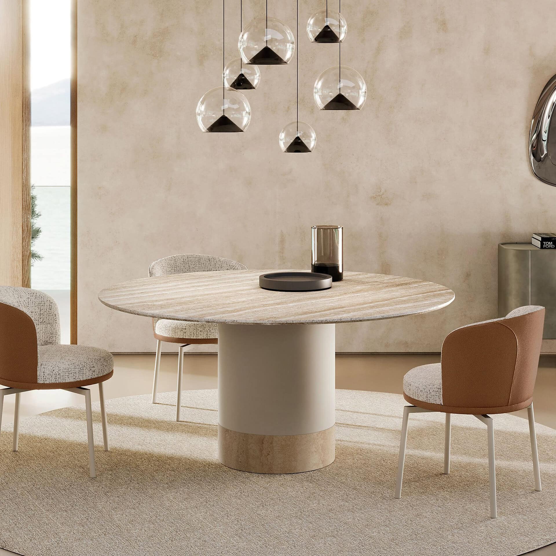 A modern dining room with a round stone table, four two-toned chairs, and six spherical glass pendant lights over a beige rug. A large window offers an outdoor view.