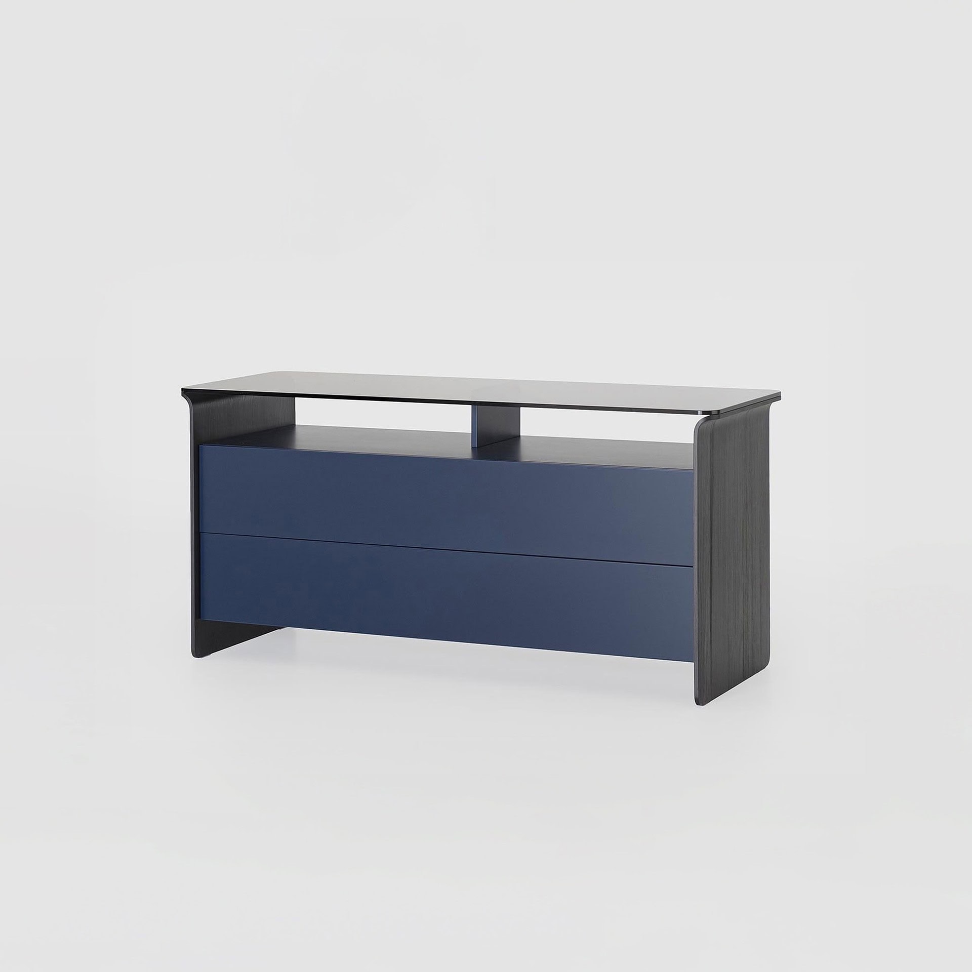 Pianca Nota Dresser in blue lacquer with smoked glass top and wood sides, front view.