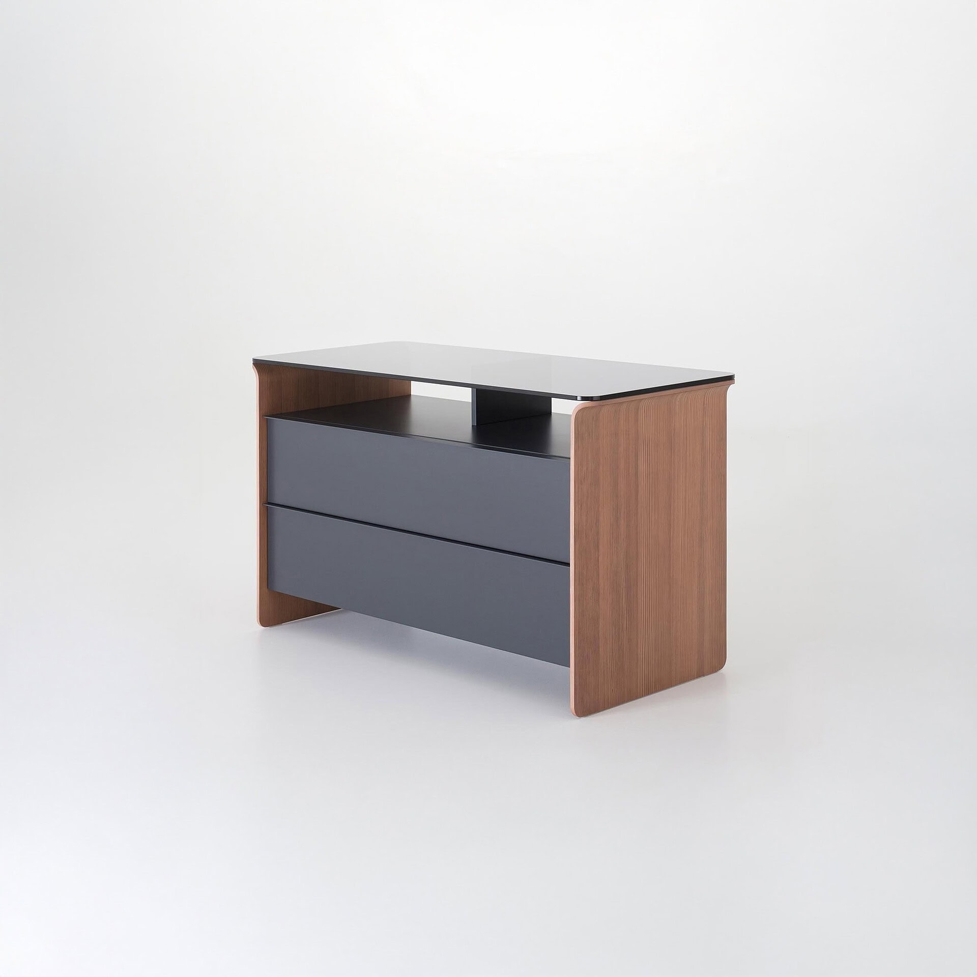 Nota Dresser in gray lacquer with Canaletto walnut sides and transparent glass top.