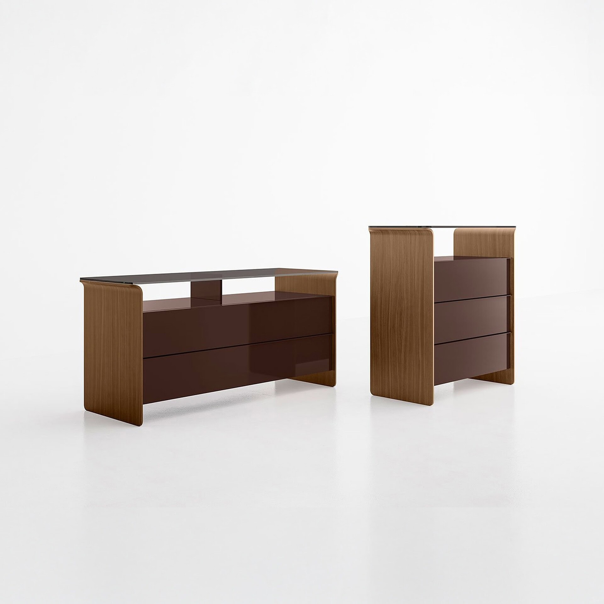 Pair of Nota Dressers in warm wood finish with transparent glass tops, side-by-side view.
