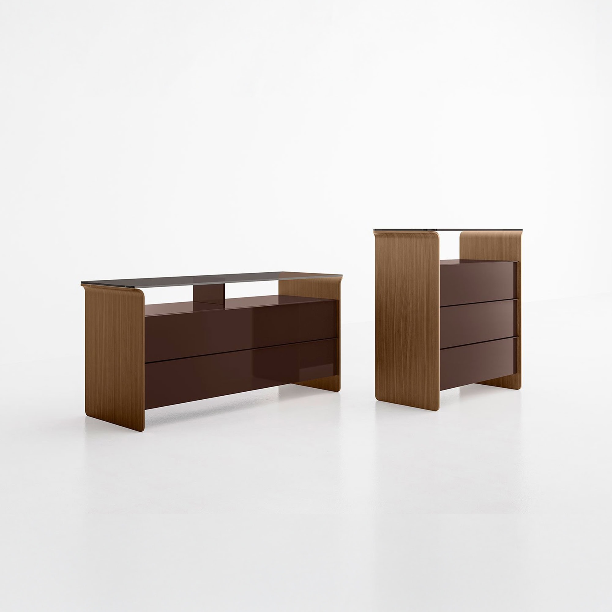 Pair of Nota Dressers in warm wood finish with transparent glass tops, side-by-side view.