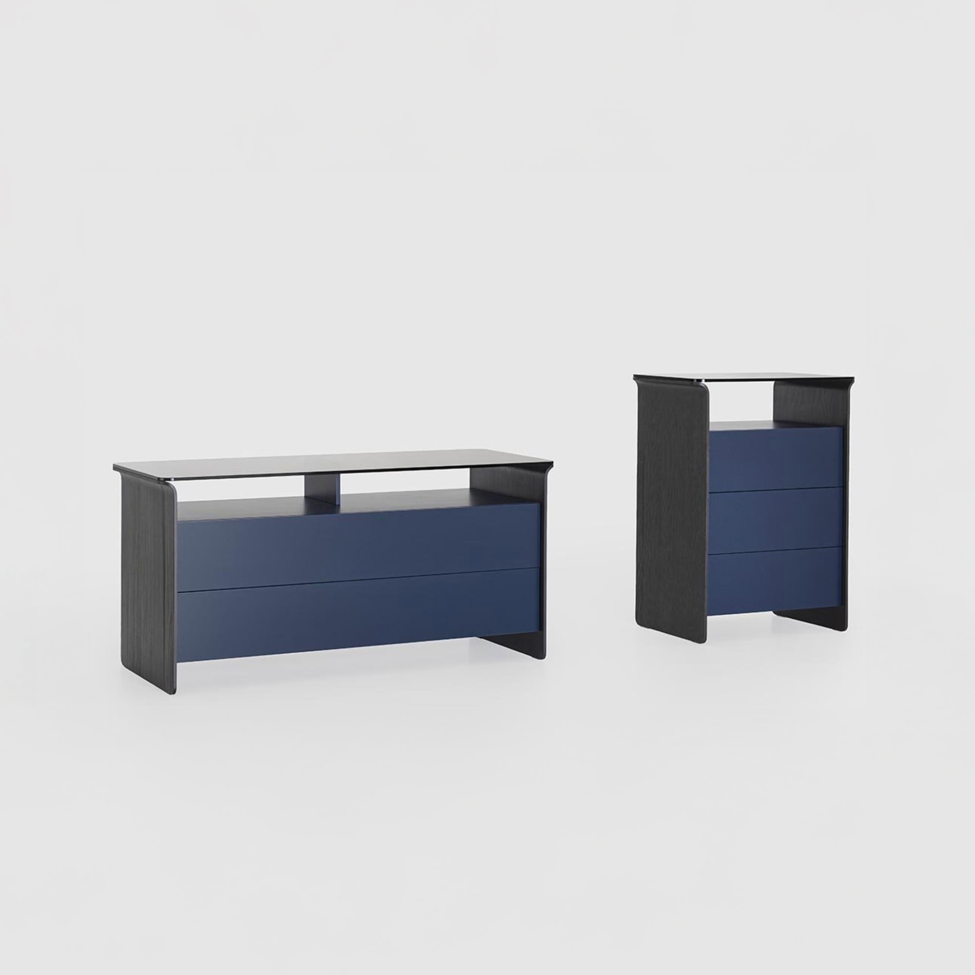 Collection view of Pianca Nota Dressers in blue lacquer and dark gray lacquer finishes.