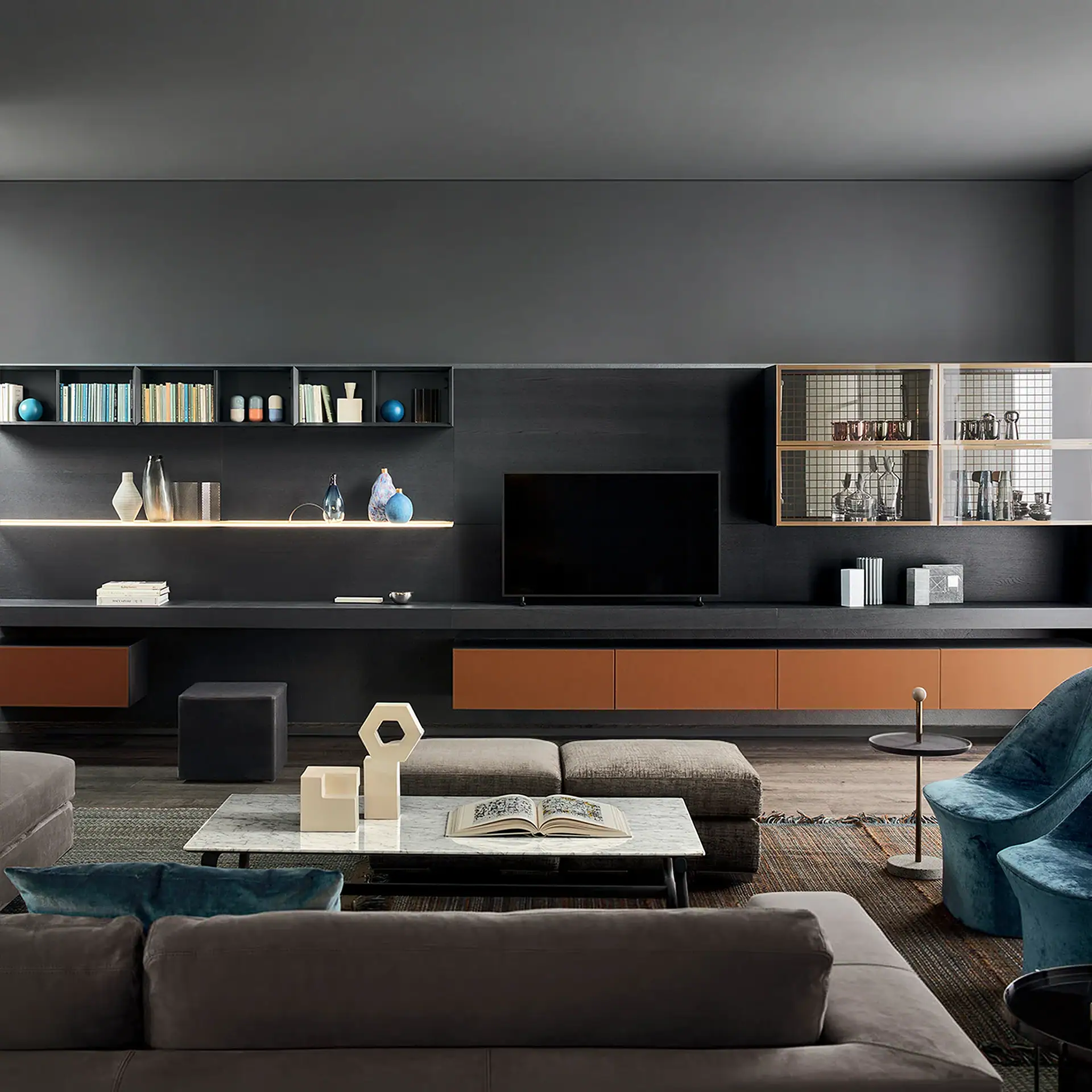 Sklar Furnishings wall unit with dark gray backdrop and floating shelves.