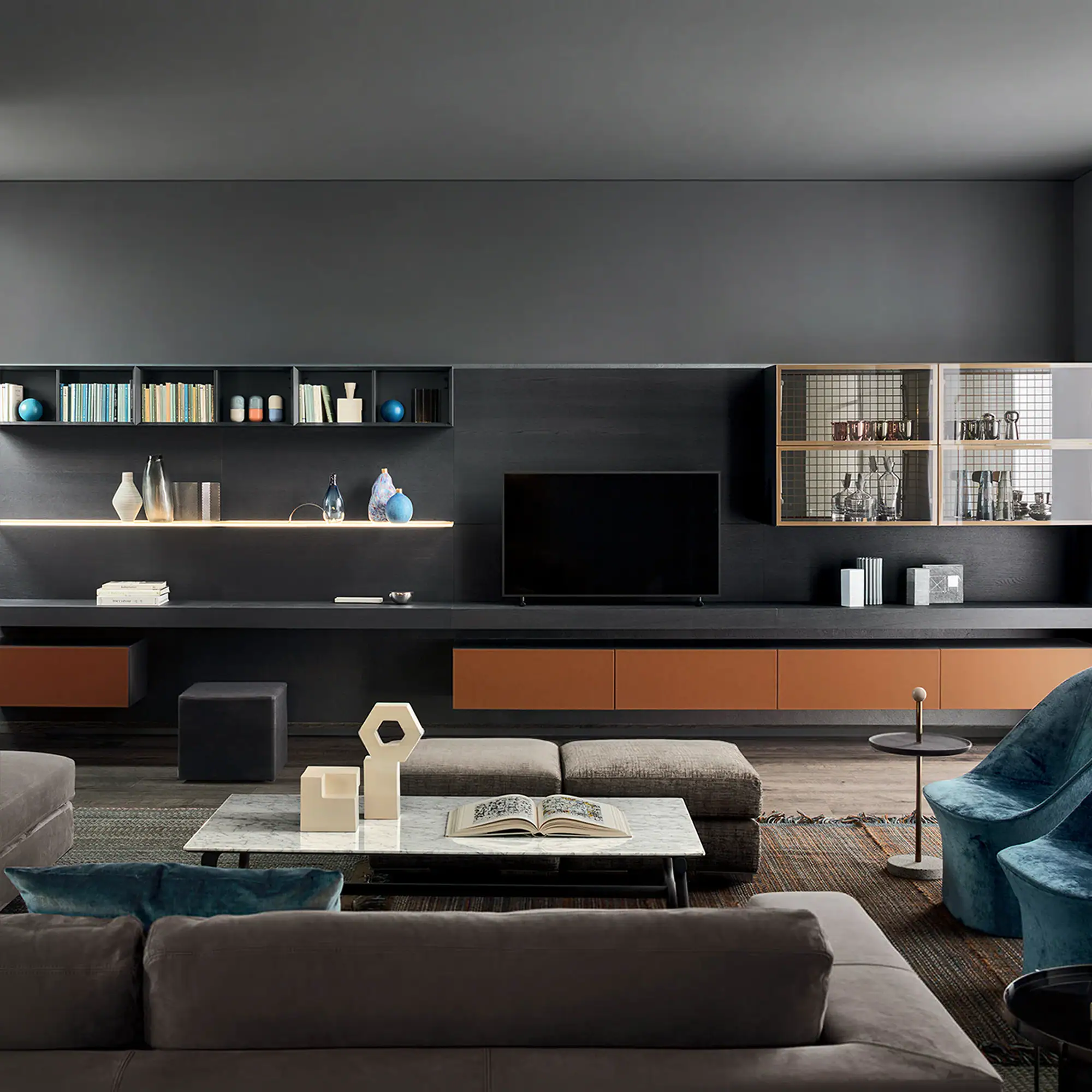 Sklar Furnishings wall unit with dark gray backdrop and floating shelves.