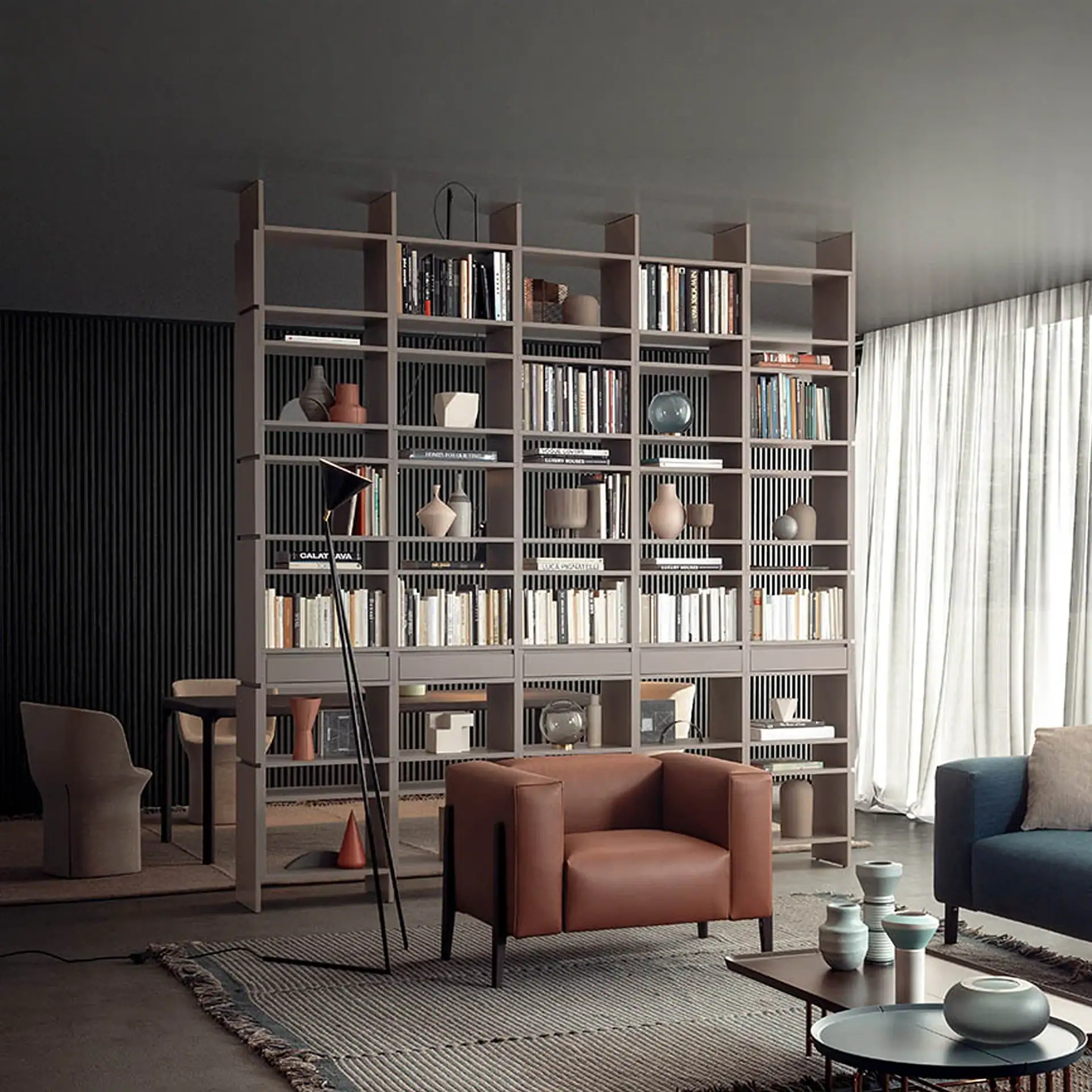 Sklar Furnishings modular bookcase filled with books and decor.
