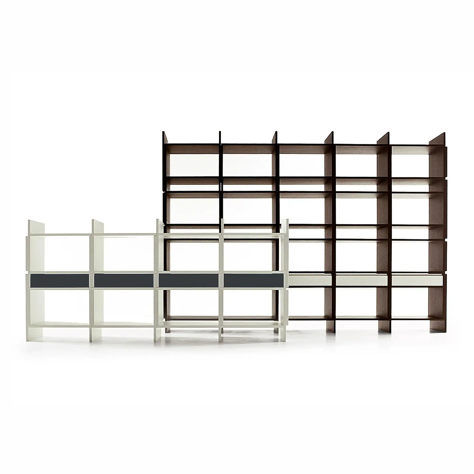 Sklar Furnishings modular bookcase system with white and dark brown frames and gray back panels.