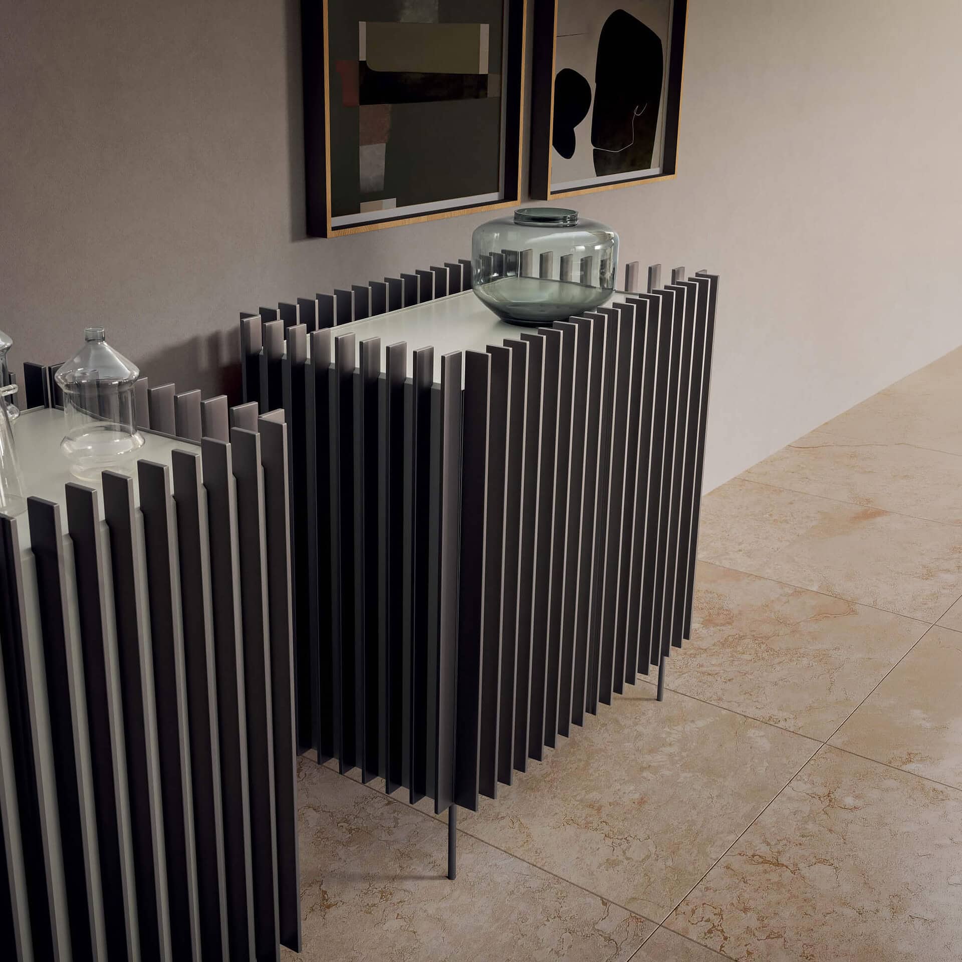 Sculptural sideboard by Kengo, featuring a modern design with vertical slats in a sleek black finish.