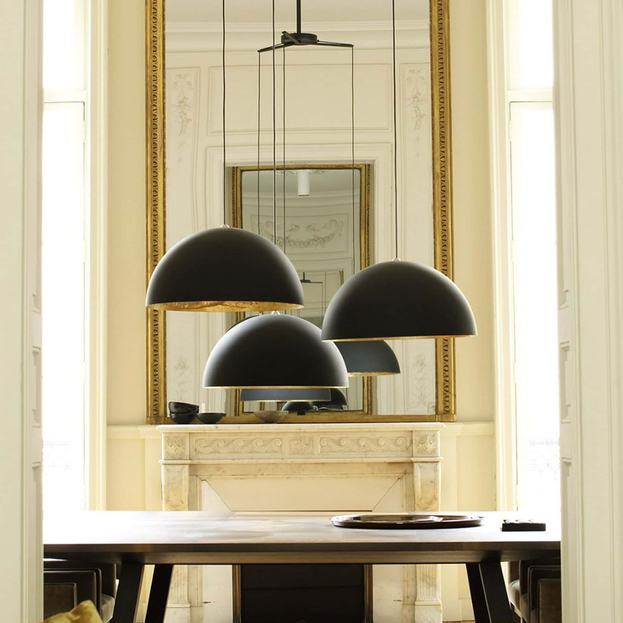 Modern Stchu-Moon chandelier with black dome shades, ideal for contemporary interiors.