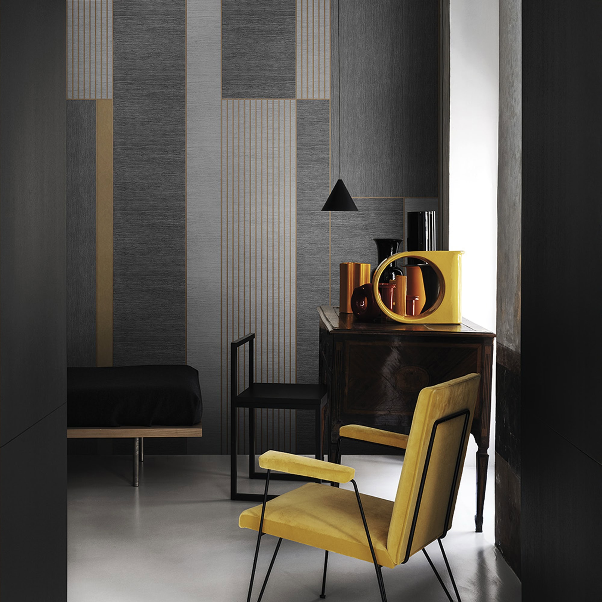 Dynasty Geometric Designer Wallpaper installed in a modern interior with yellow accent chair and desk.