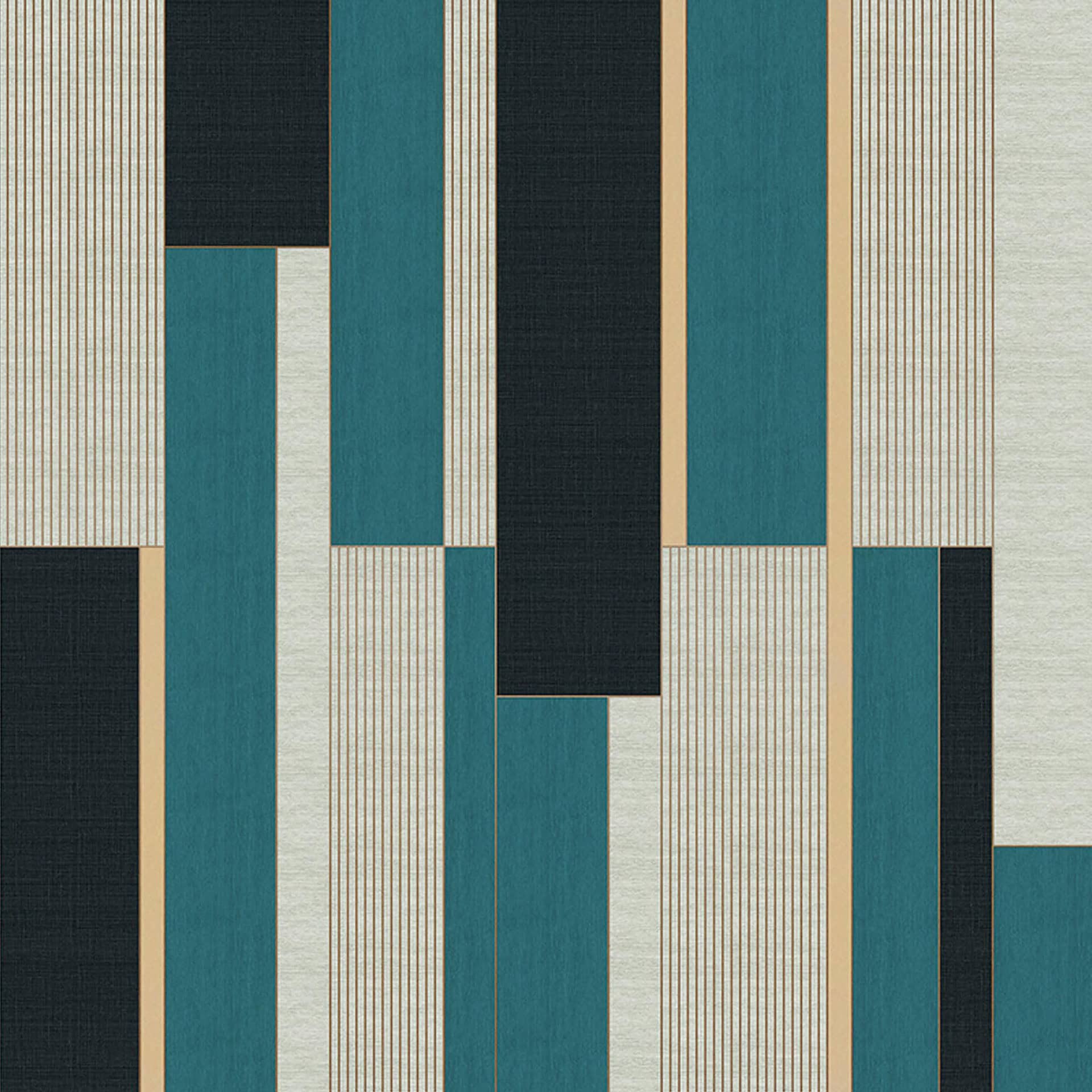Dynasty Geometric Designer Wallpaper 18009-5 in teal and black with warm neutrals.