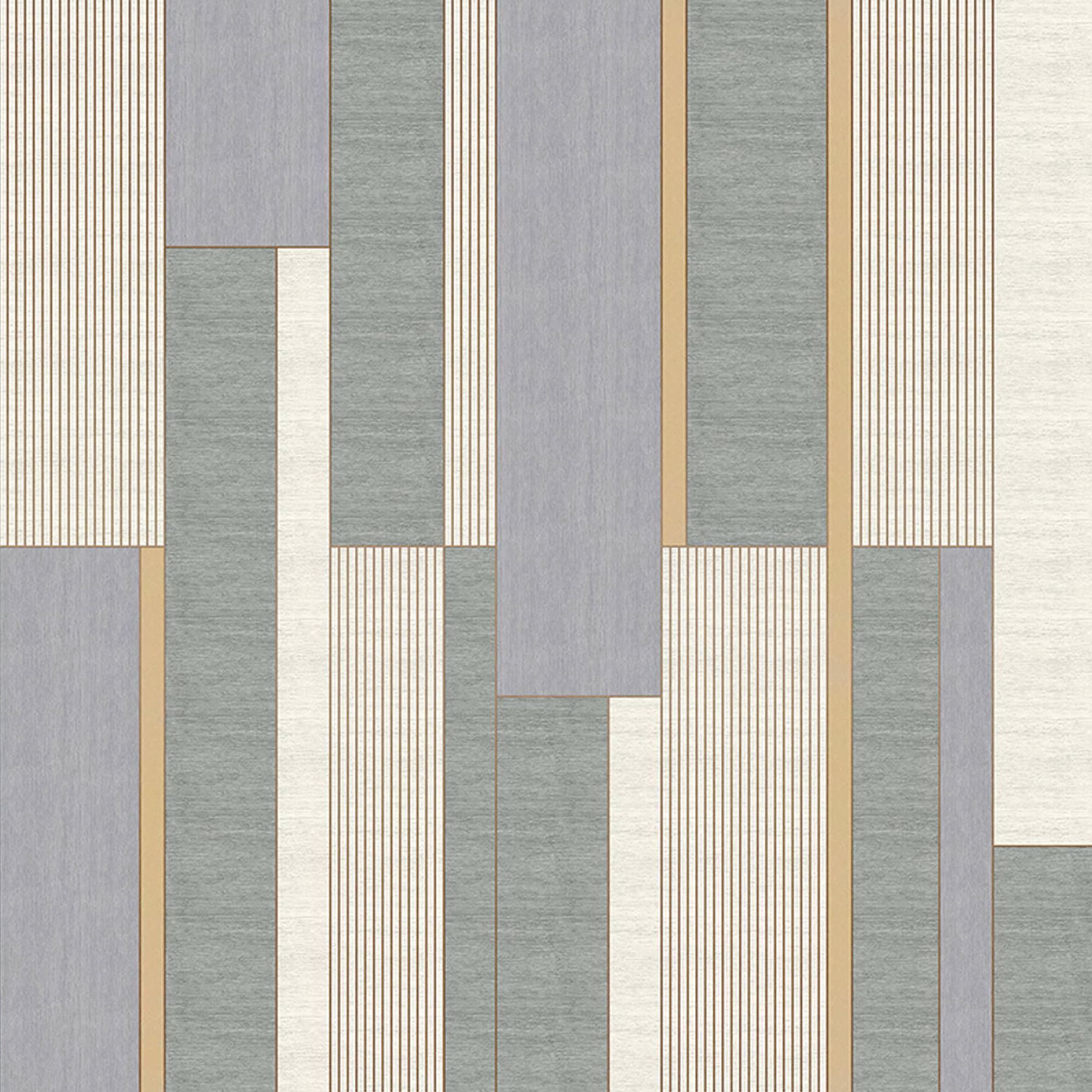 Dynasty Geometric Designer Wallpaper 18009-8 in soft green, grey, and blue with metallic detailing.