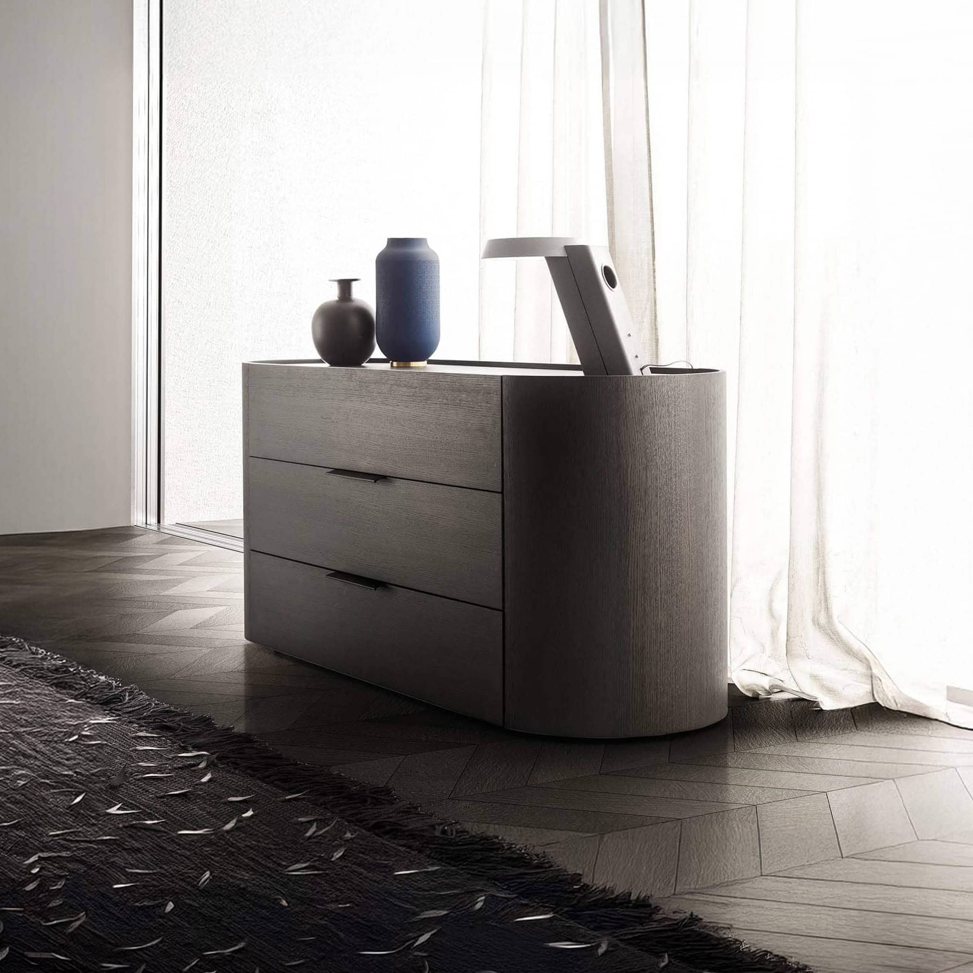 Modern Dedalo 3-drawer dresser in a contemporary bedroom setting.