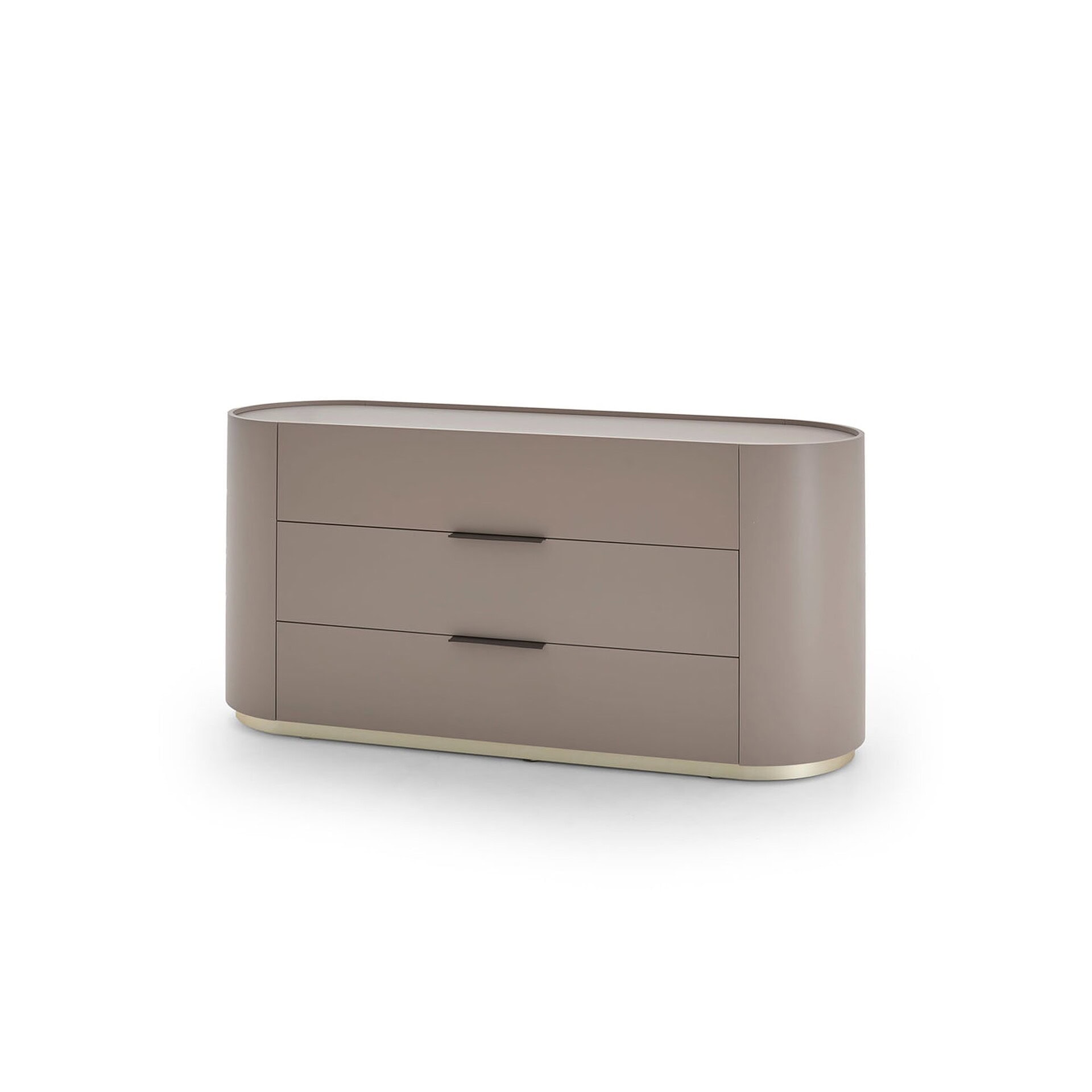 A modern taupe dresser with three drawers, rounded edges, dark bar handles, and a gold base, on a white background.
