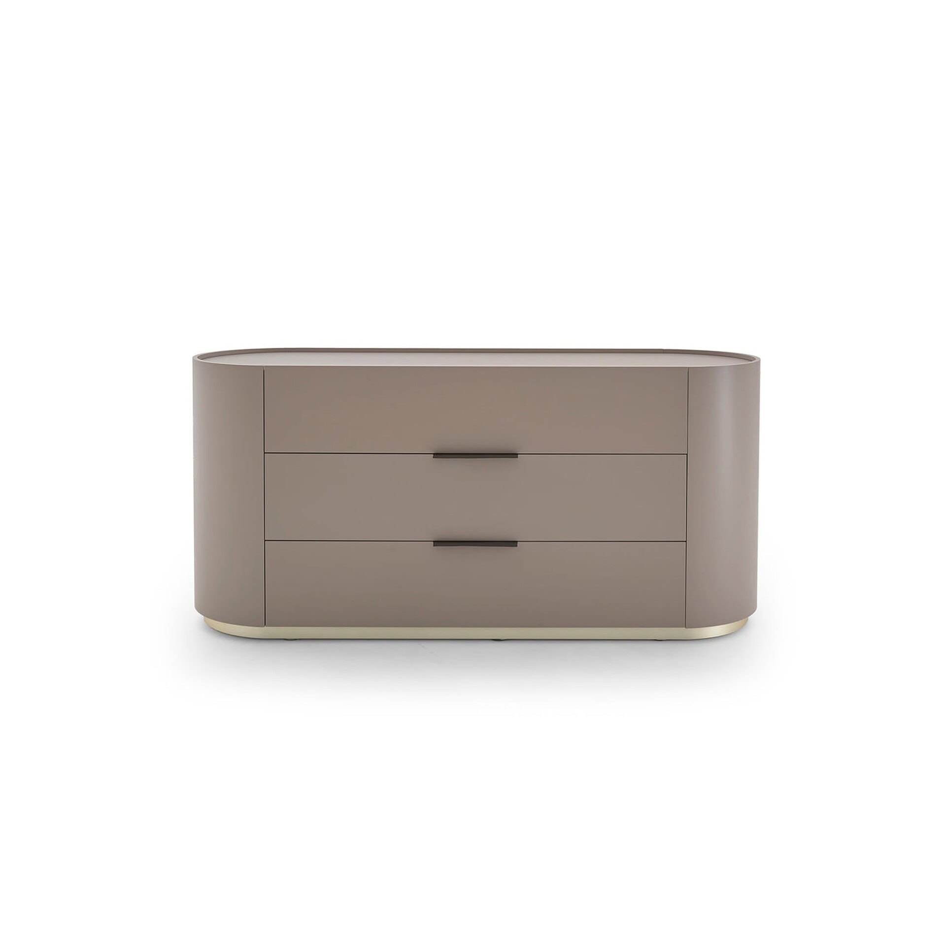 A modern taupe dresser with three drawers and dark horizontal handles, featuring rounded edges and a light gold base, against a white background.