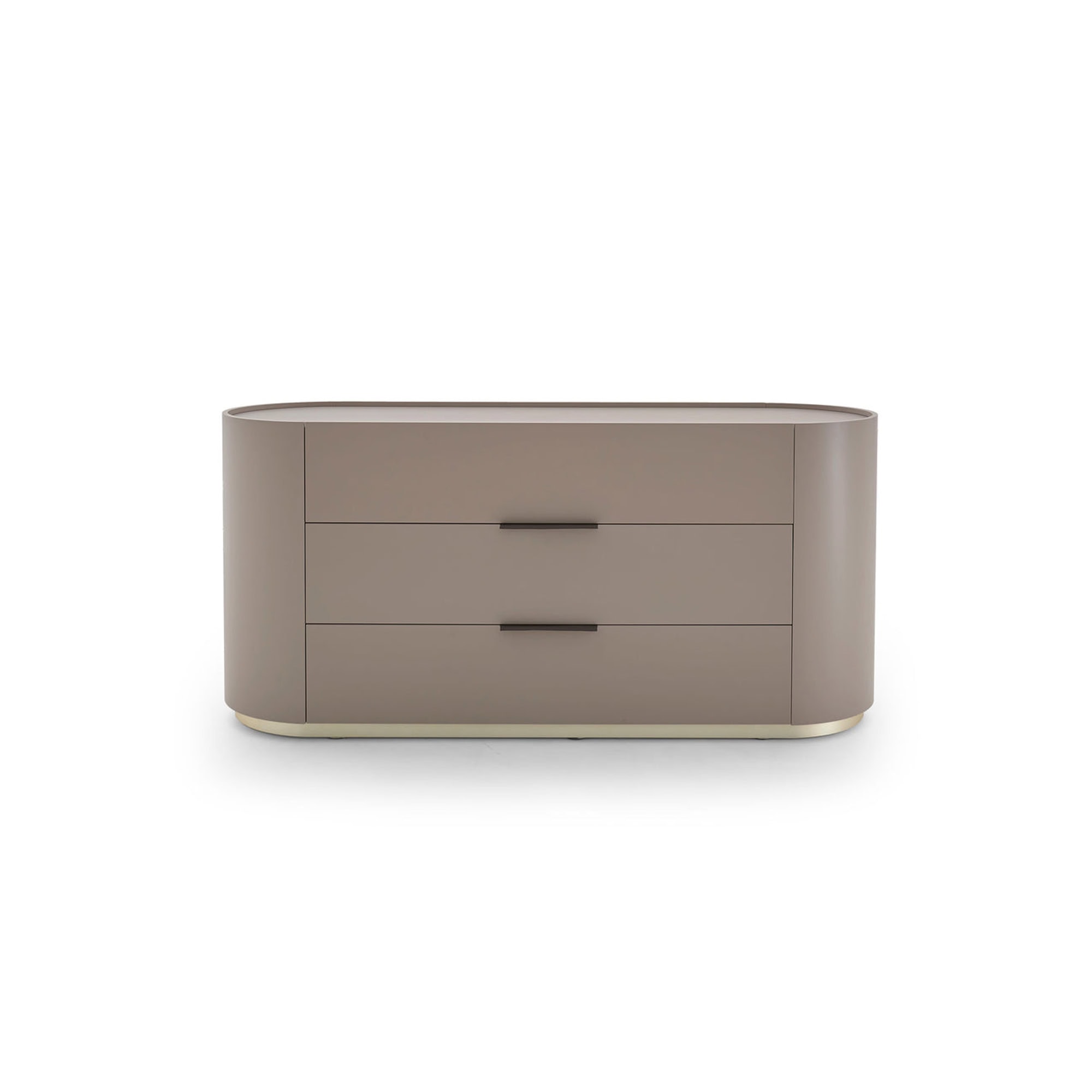 A modern taupe dresser with three drawers and dark horizontal handles, featuring rounded edges and a light gold base, against a white background.
