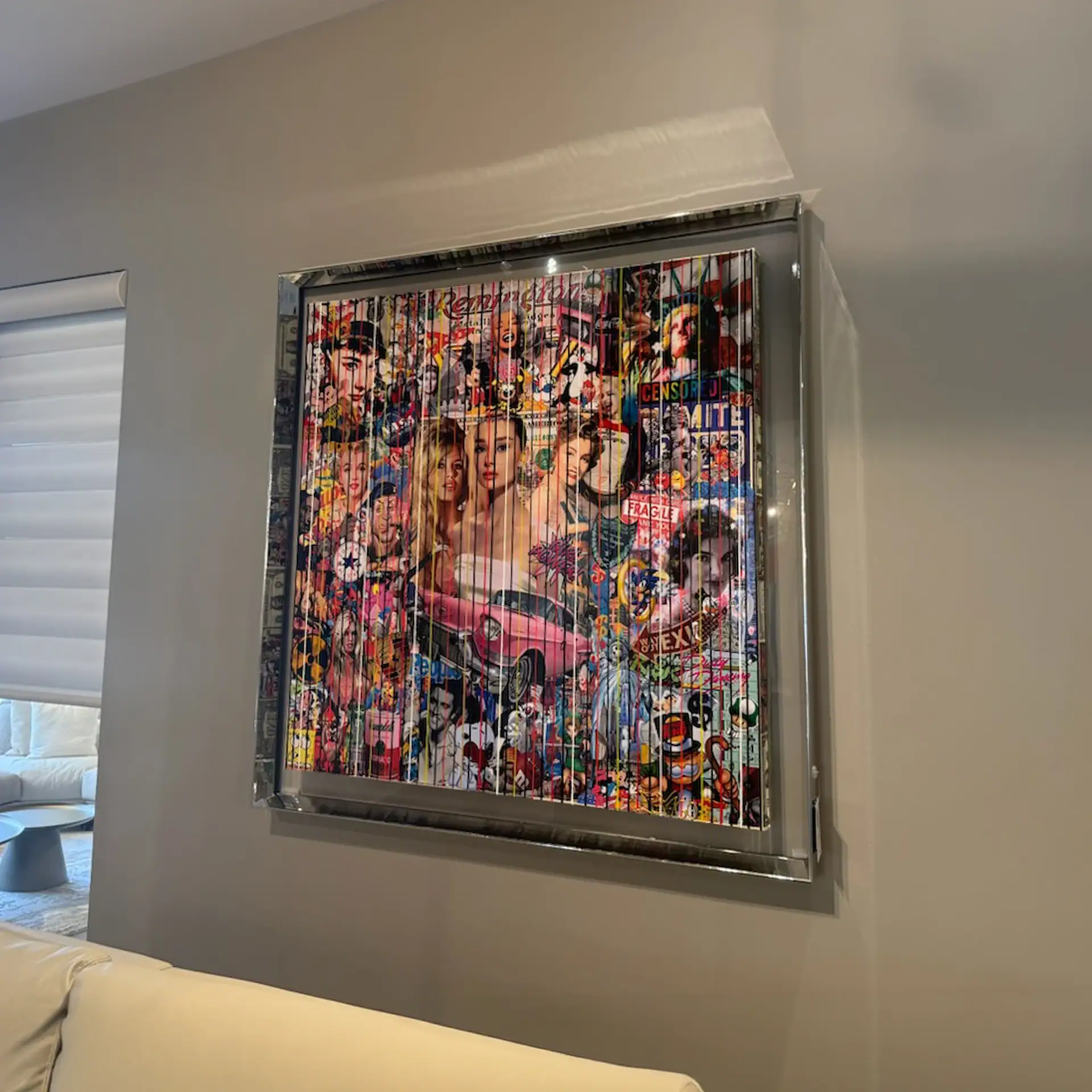 Vibrant pop art wall art featuring celebrities and comic-style graphics.