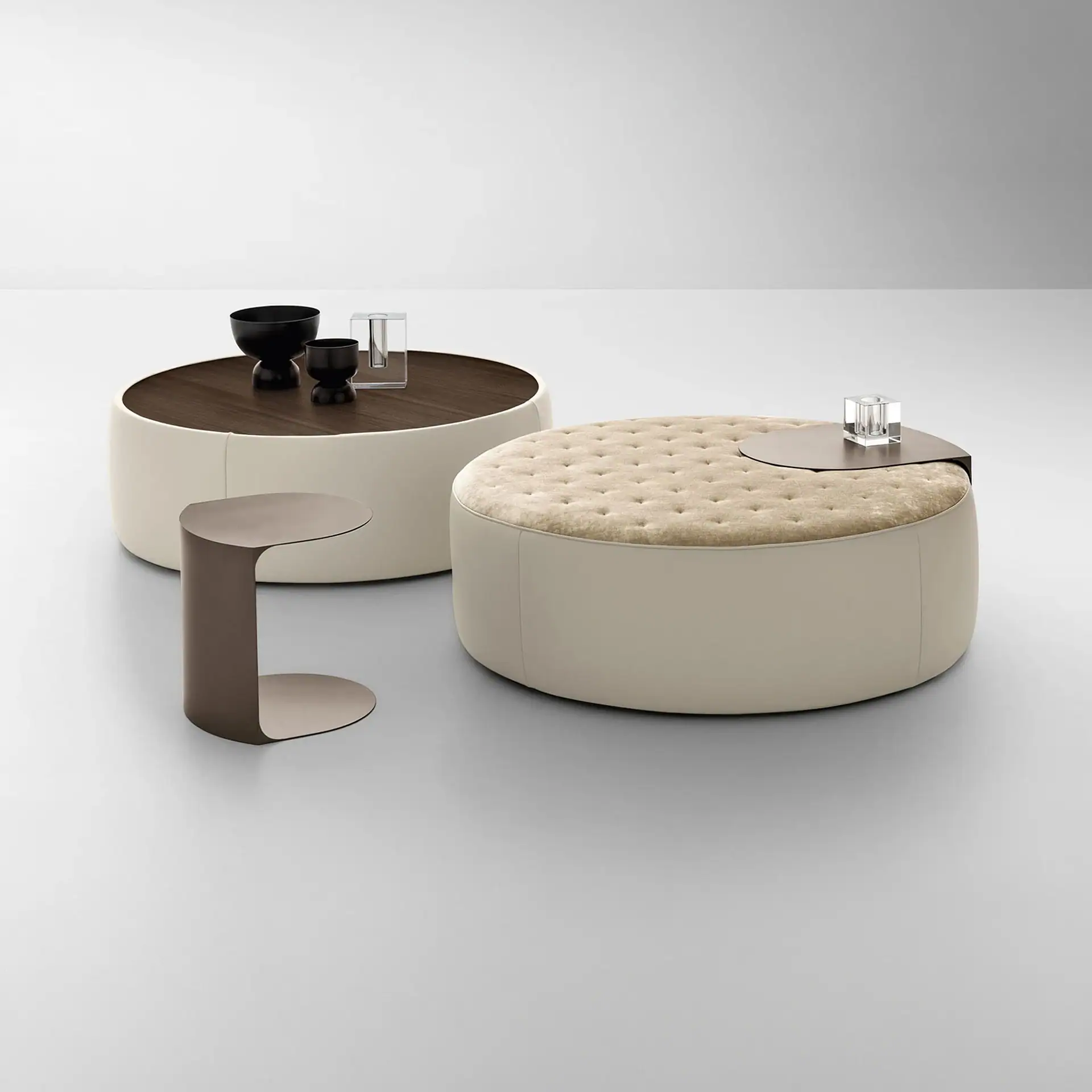 Sklar Furnishings round ottoman set with tufted beige top and dark wood tops.
