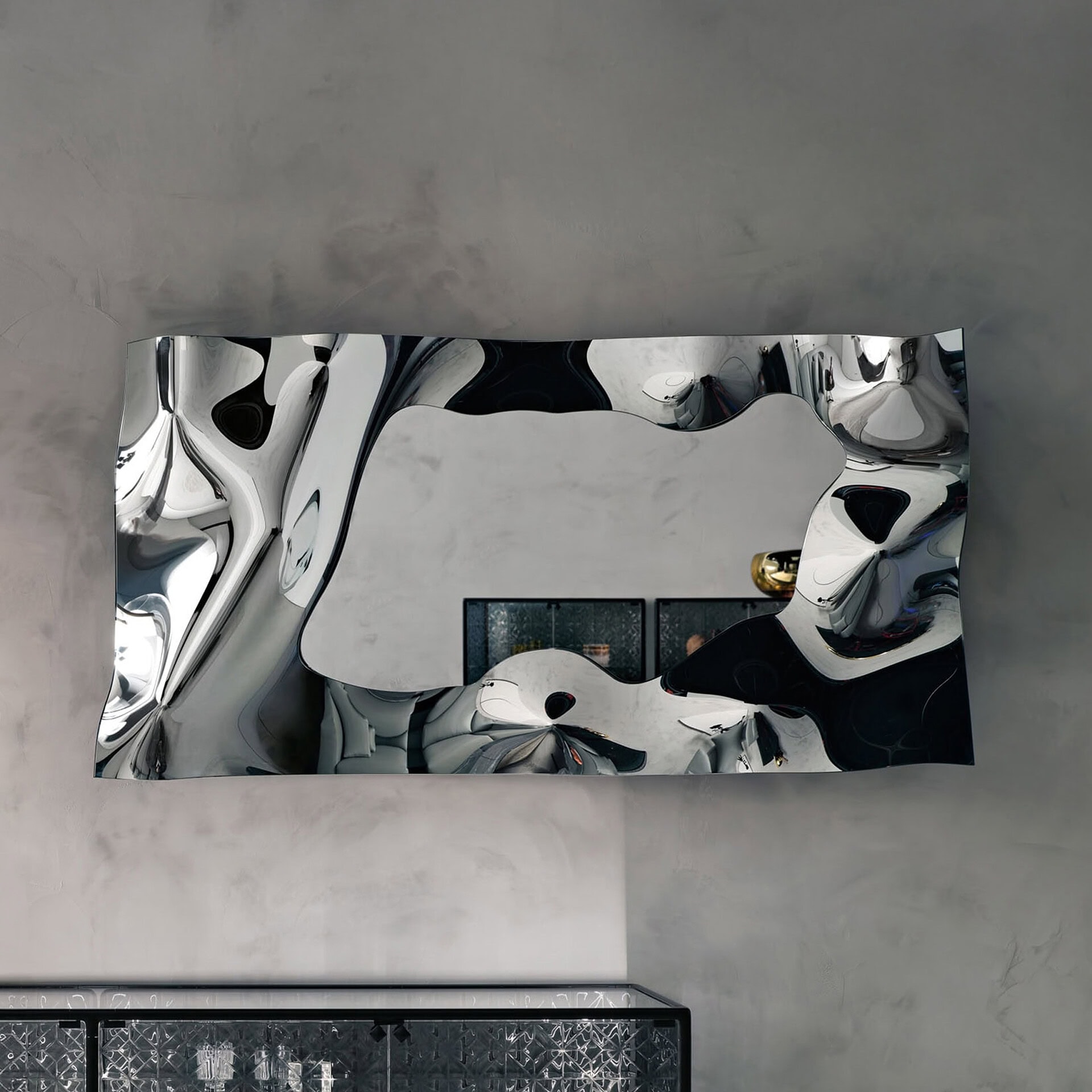Sleek, abstract chrome wall mirror with artistic curves, perfect for contemporary interior decor.