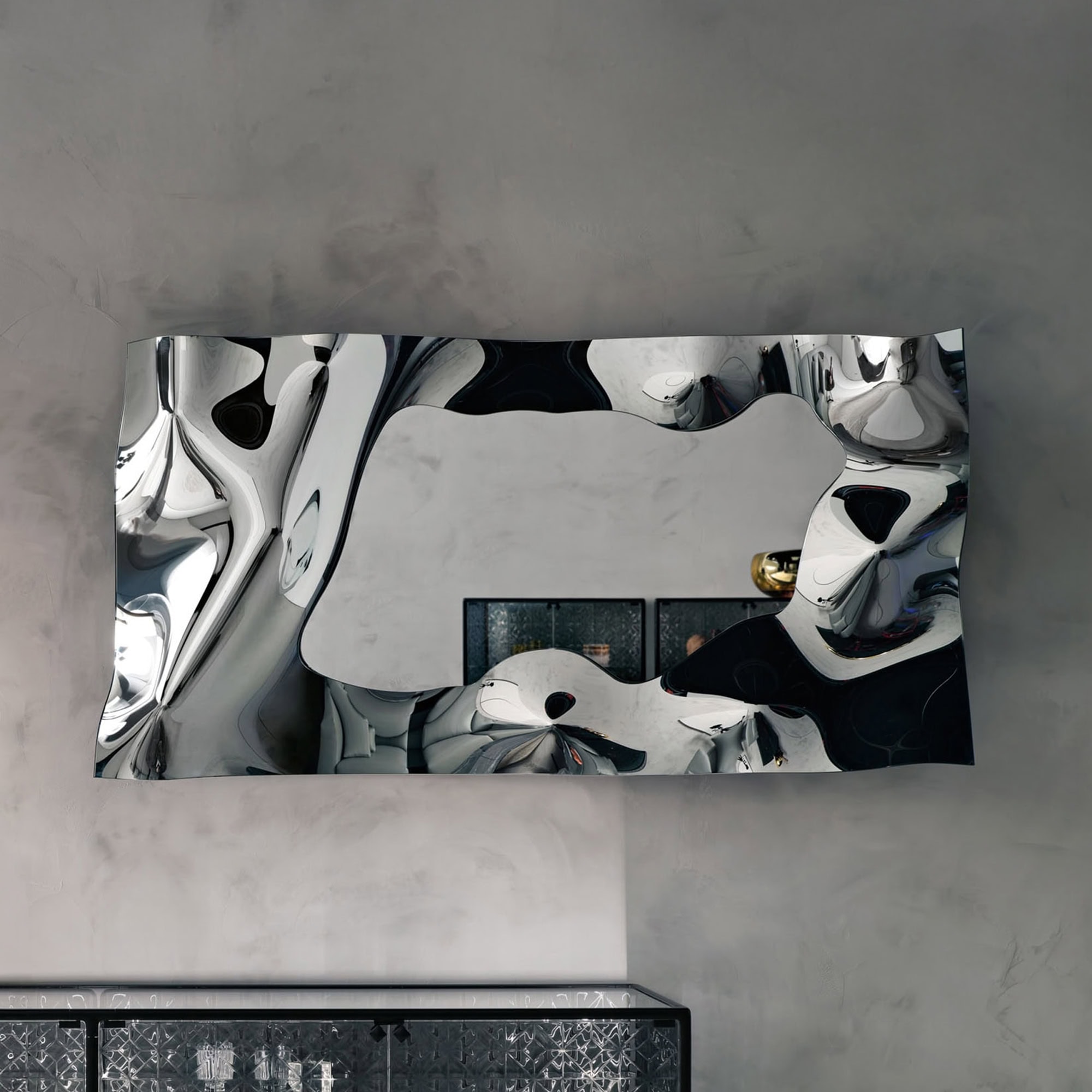 Sleek, abstract chrome wall mirror with artistic curves, perfect for contemporary interior decor.