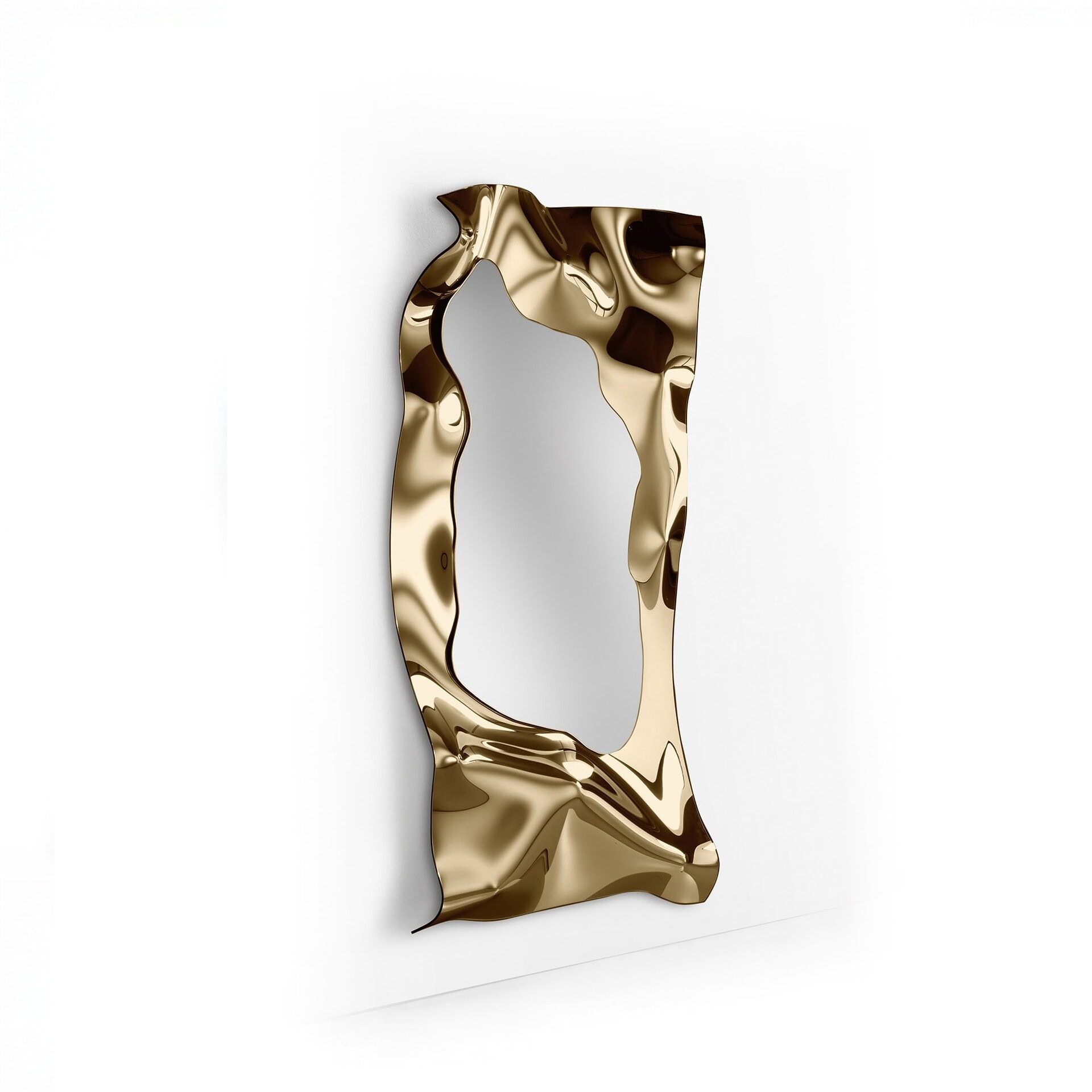 Christine Mirror in vertical format with bronze fused glass sculptural frame on white background.