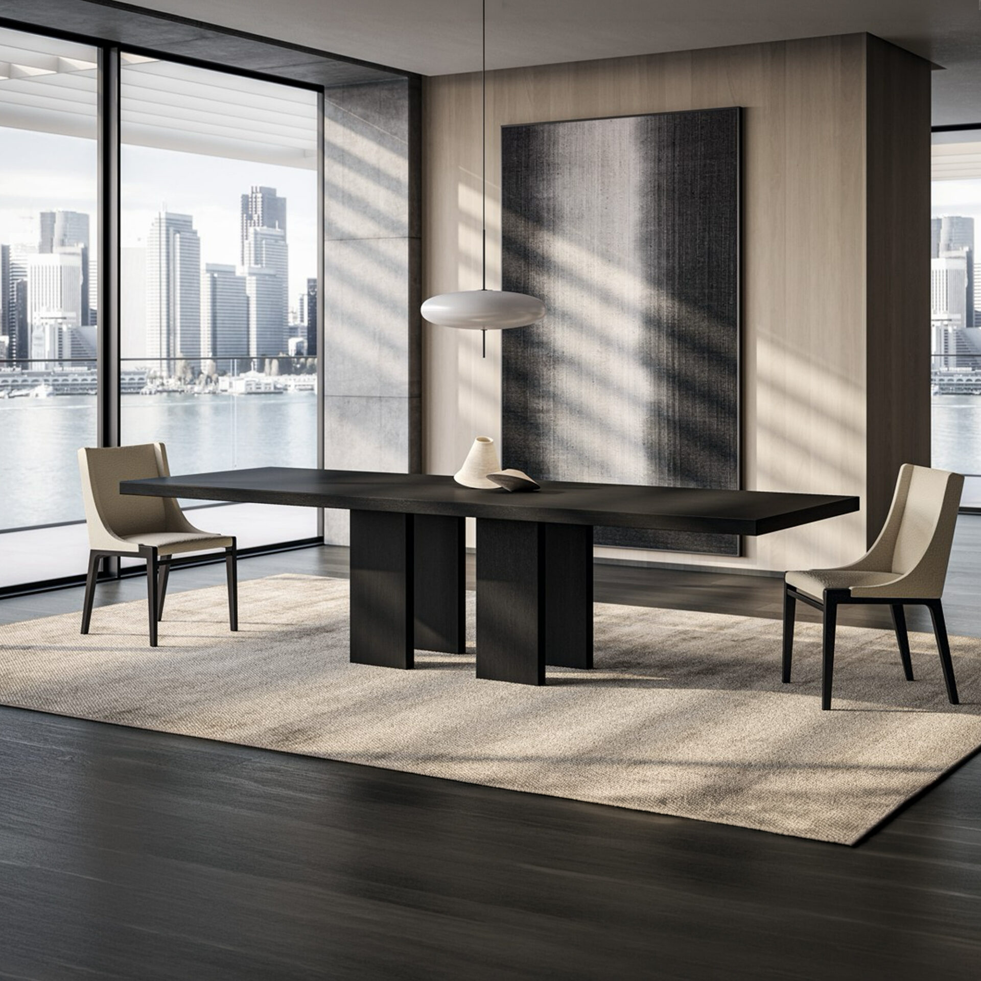 A modern dining room with a long dark wood table, light beige chairs, and a panoramic view of a city skyline and water through floor-to-ceiling windows.