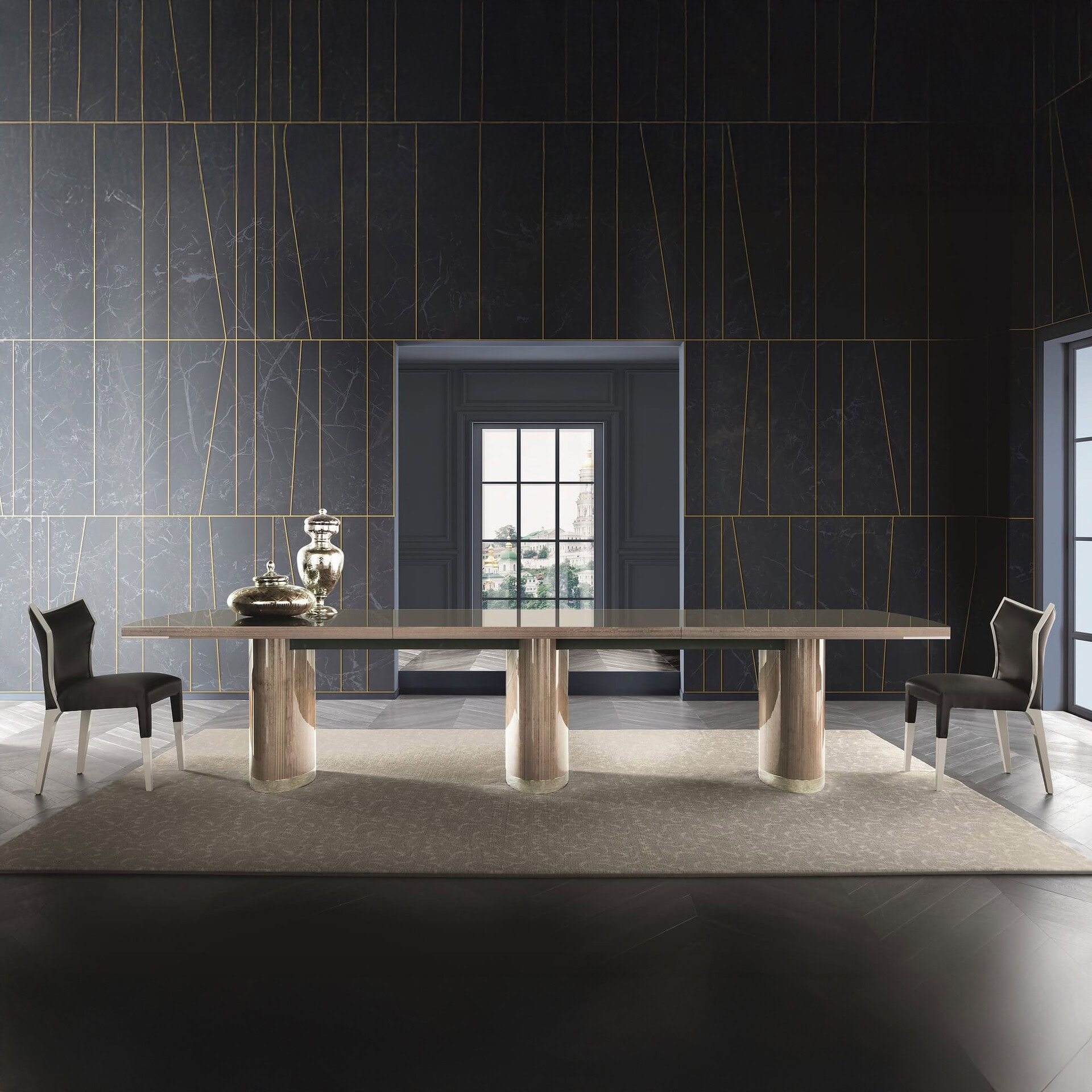 Modern dining room with a large wooden table and sleek black chairs.