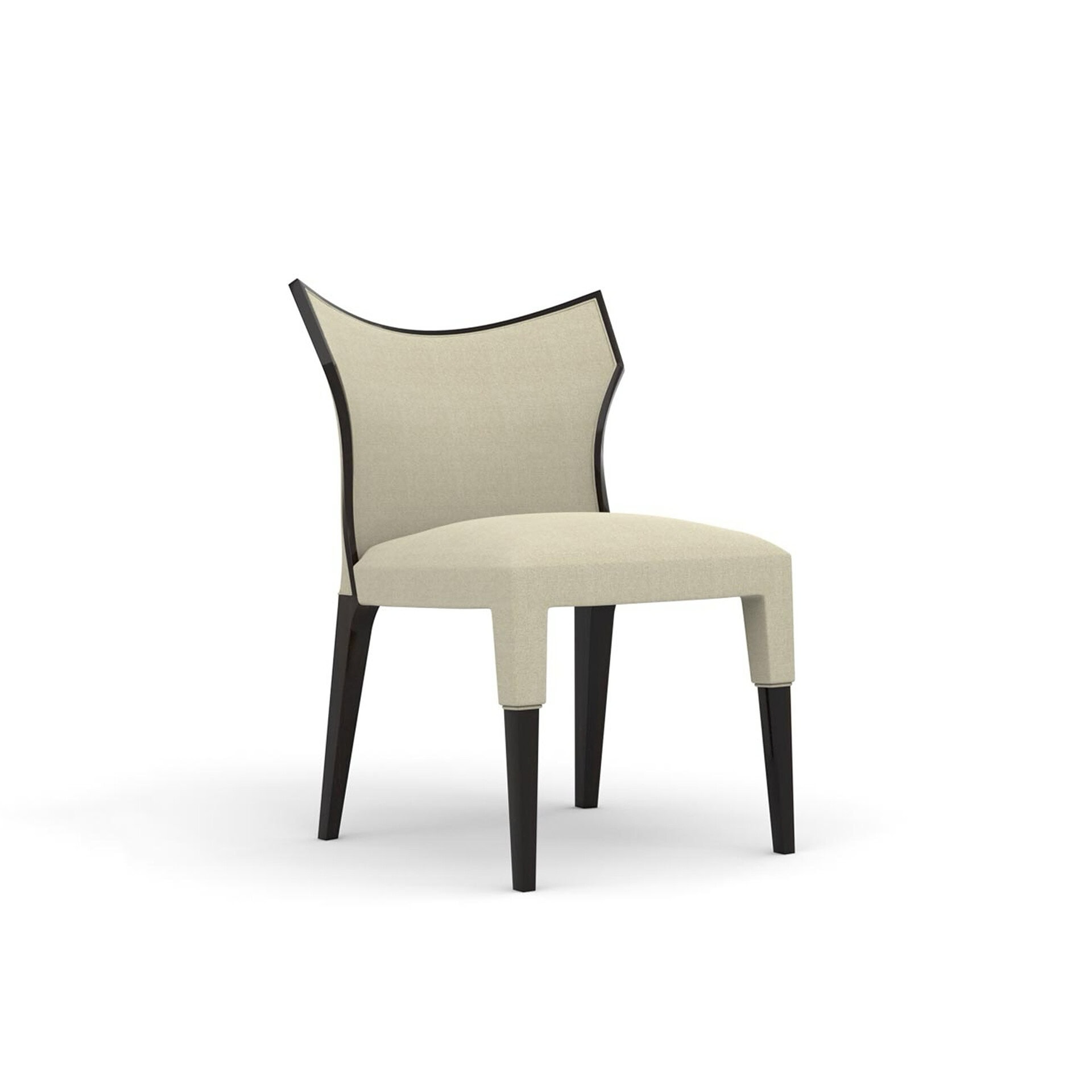 Upholstered dining chair with a sleek design and dark wooden legs, perfect for contemporary dining r.