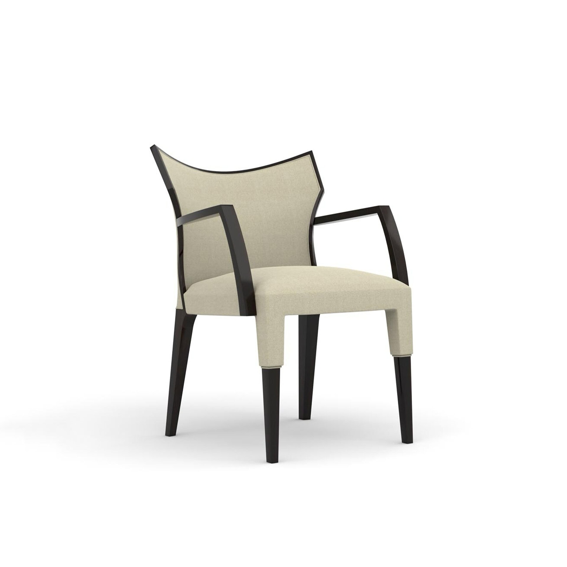 Elegant modern upholstered armchair with wooden frame and neutral fabric.