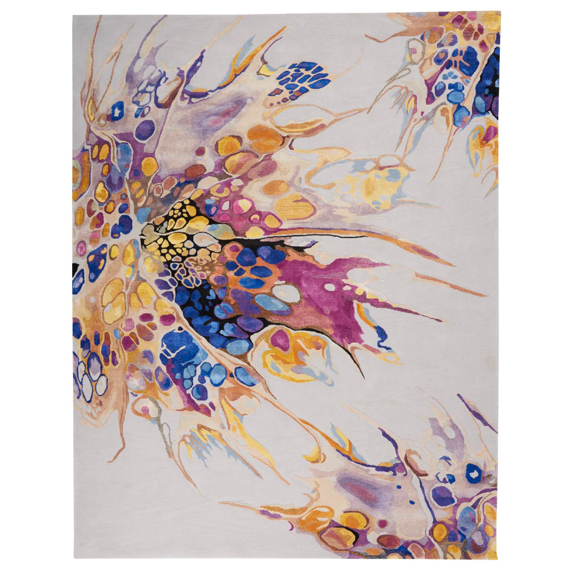A rectangular rug with an abstract, fluid design in vibrant blues, purples, yellows, and oranges on a light grey background. The pattern resembles a colorful burst or stylized butterfly wing.