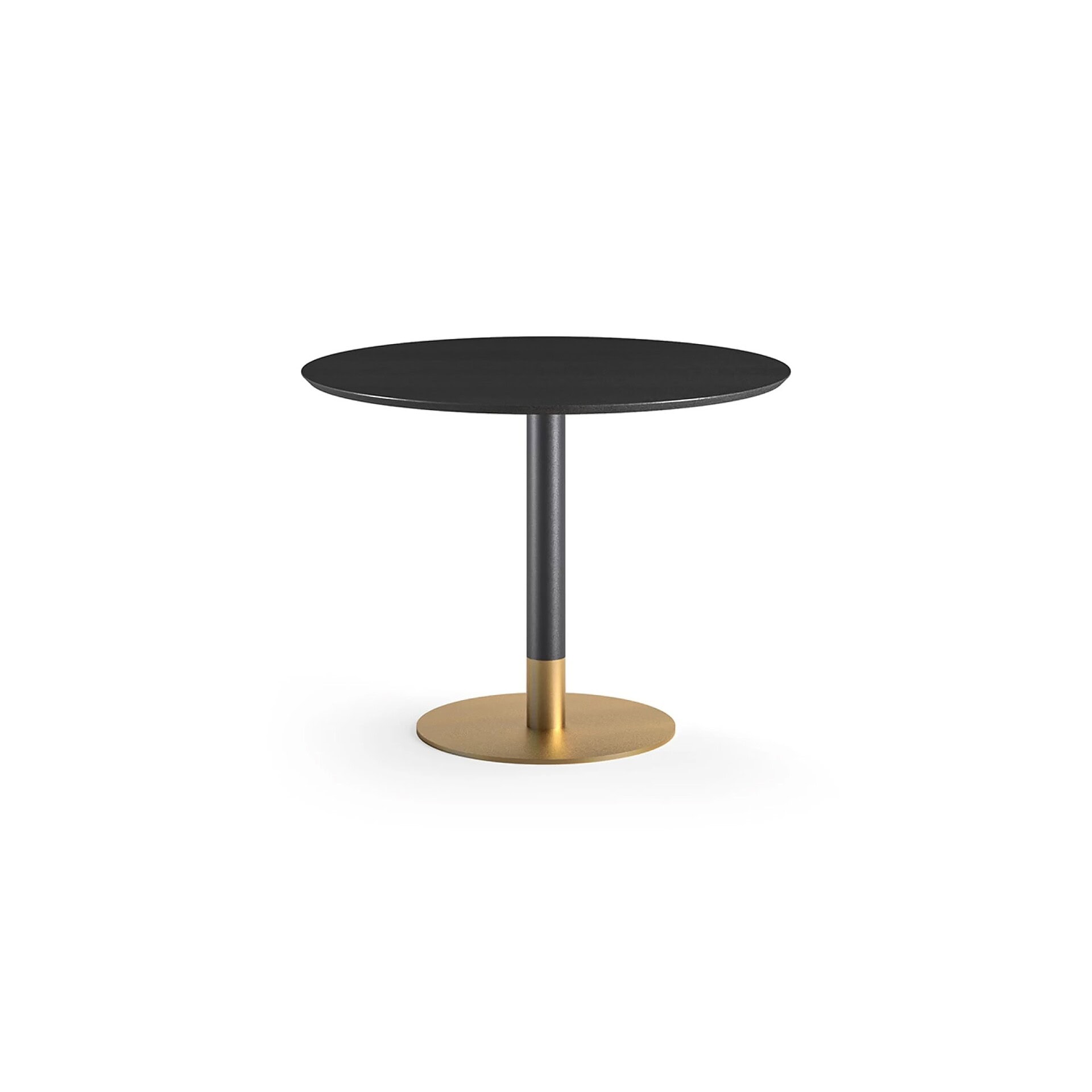 Cilindro Bistro Table with gold base and glass top on white background.
