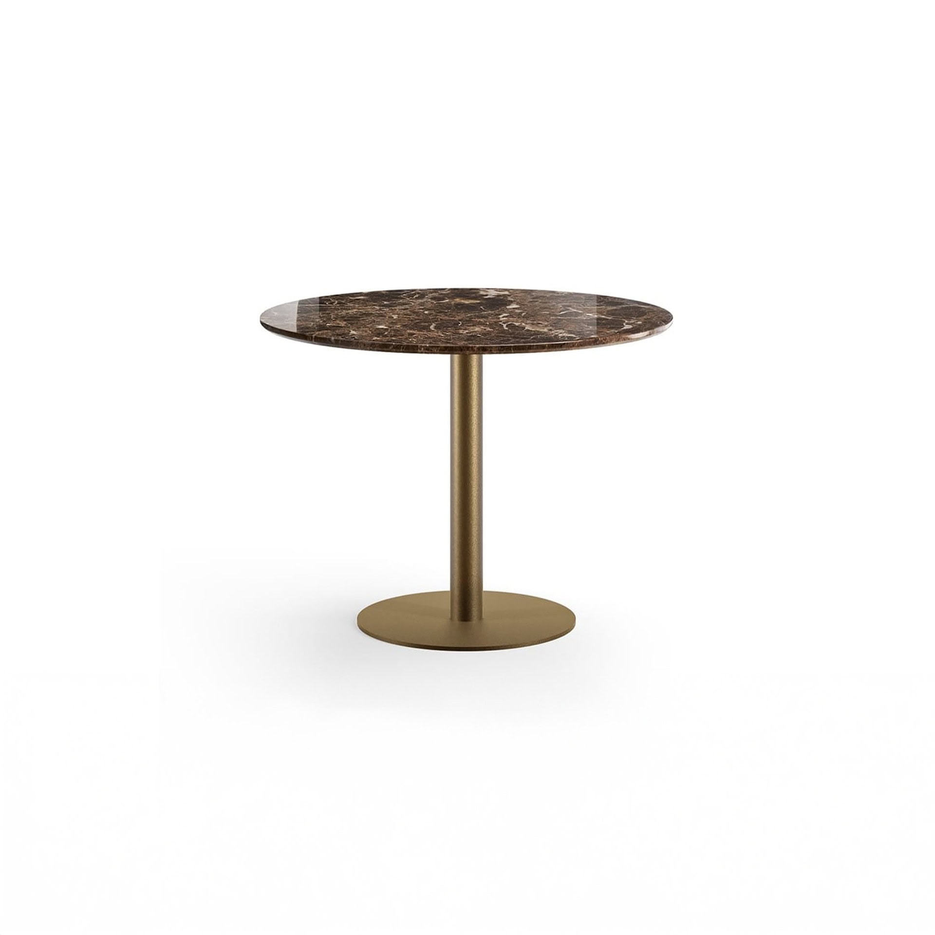 Cilindro Bistro Table with brown marble top and gold base on white background.