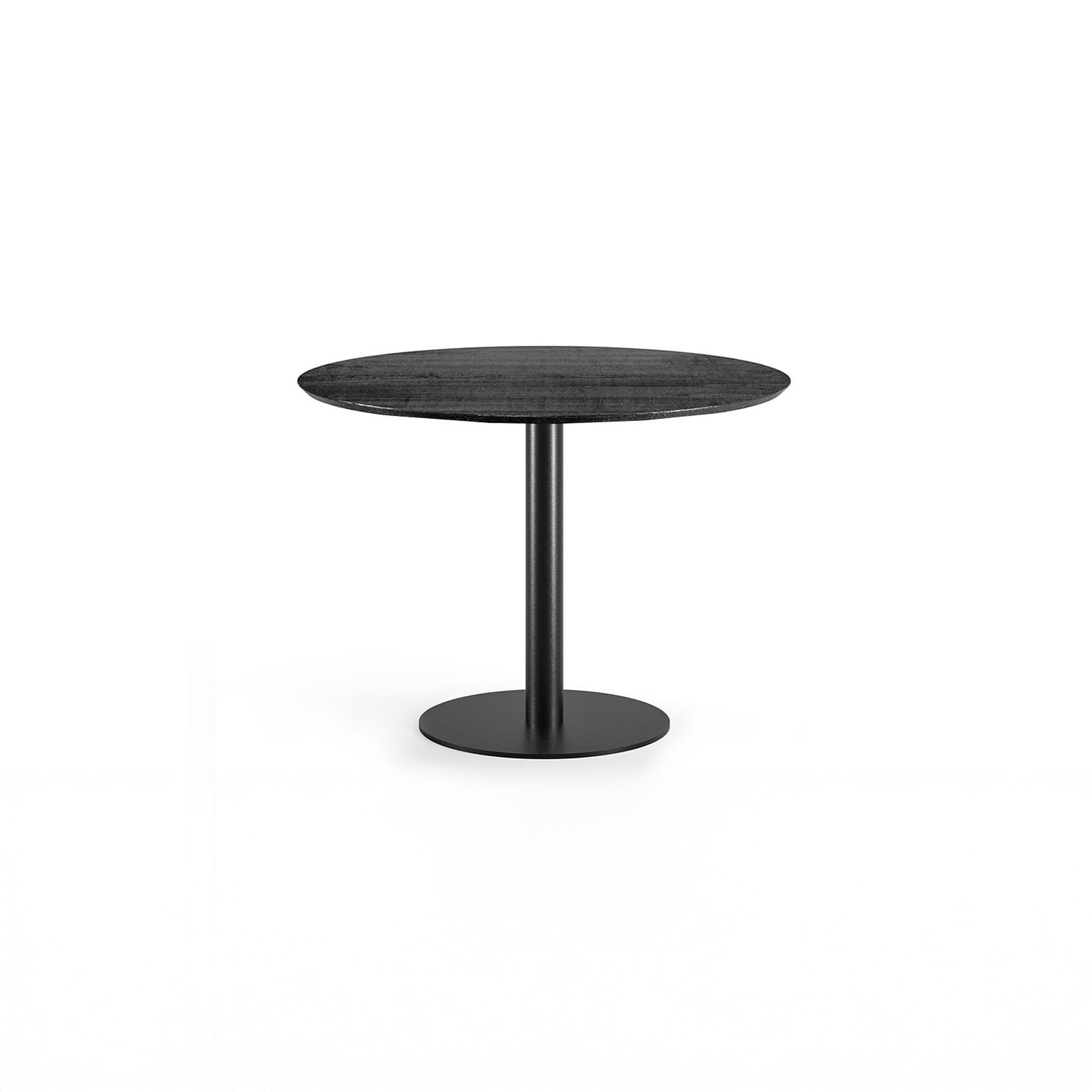 Cilindro Bistro Table with all-black metal base and top on white background.