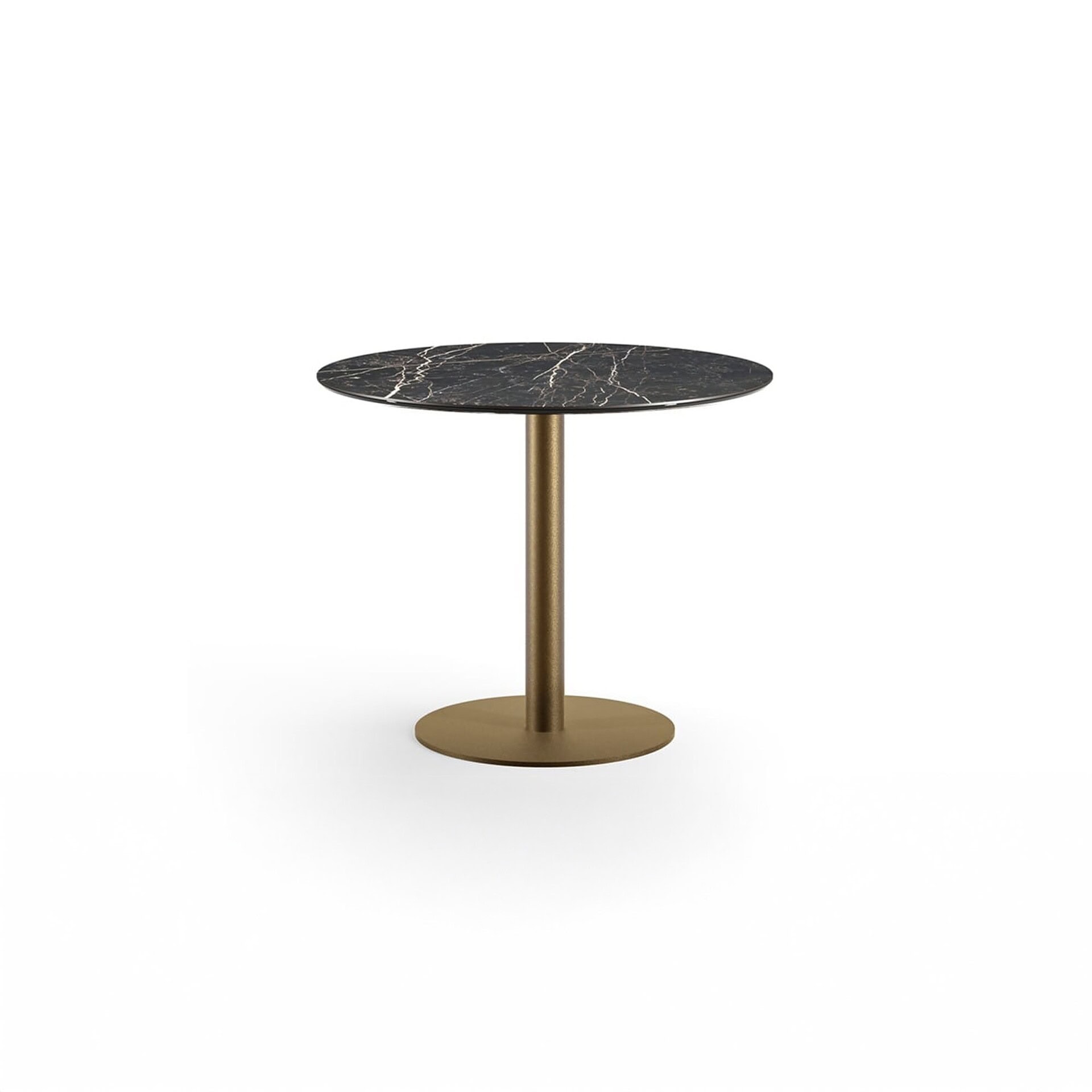 Cilindro Bistro Table with marble top and bronze base on white background.