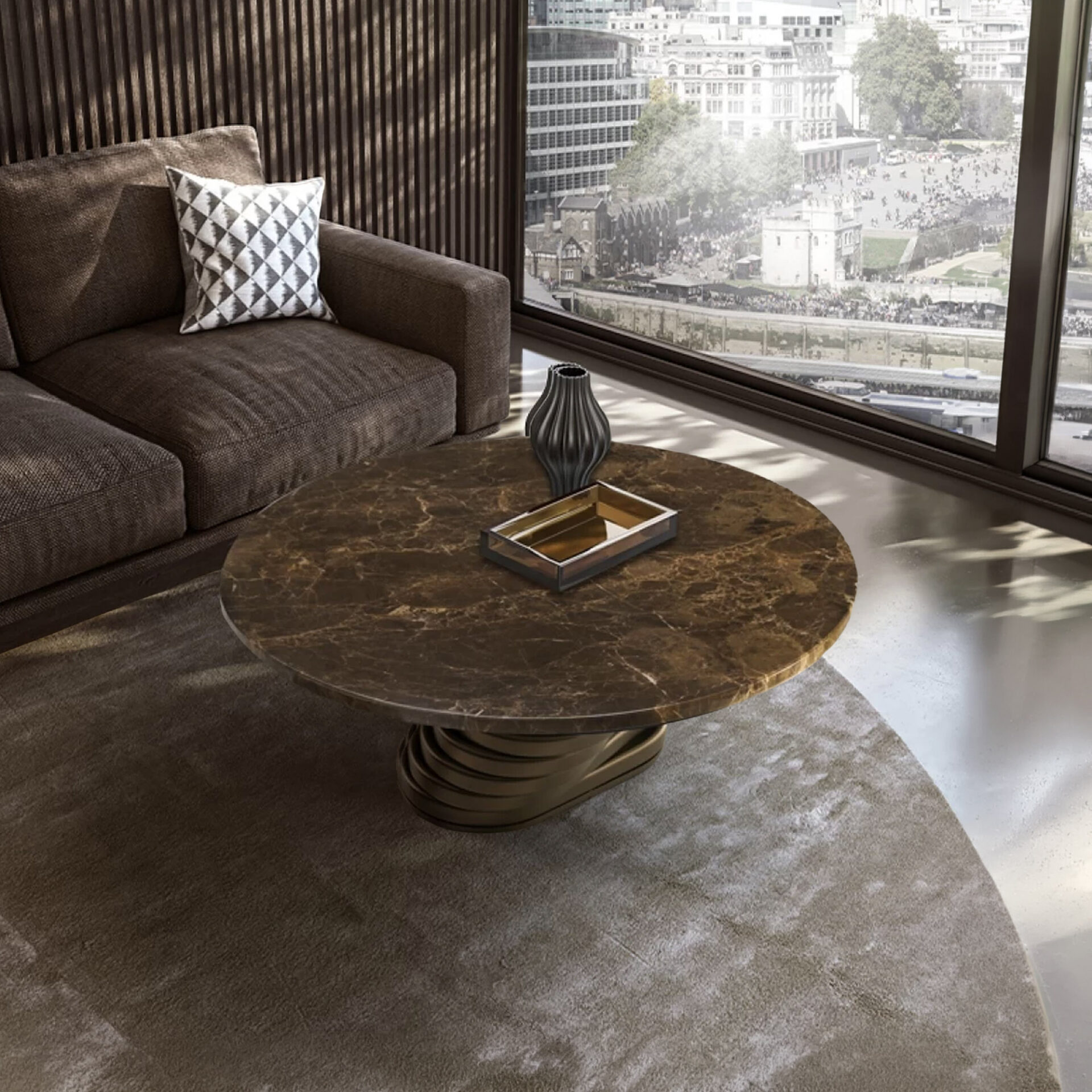 A modern living room with a dark marble coffee table, a brown sofa with a geometric pillow, and a large window overlooking a bustling city.
