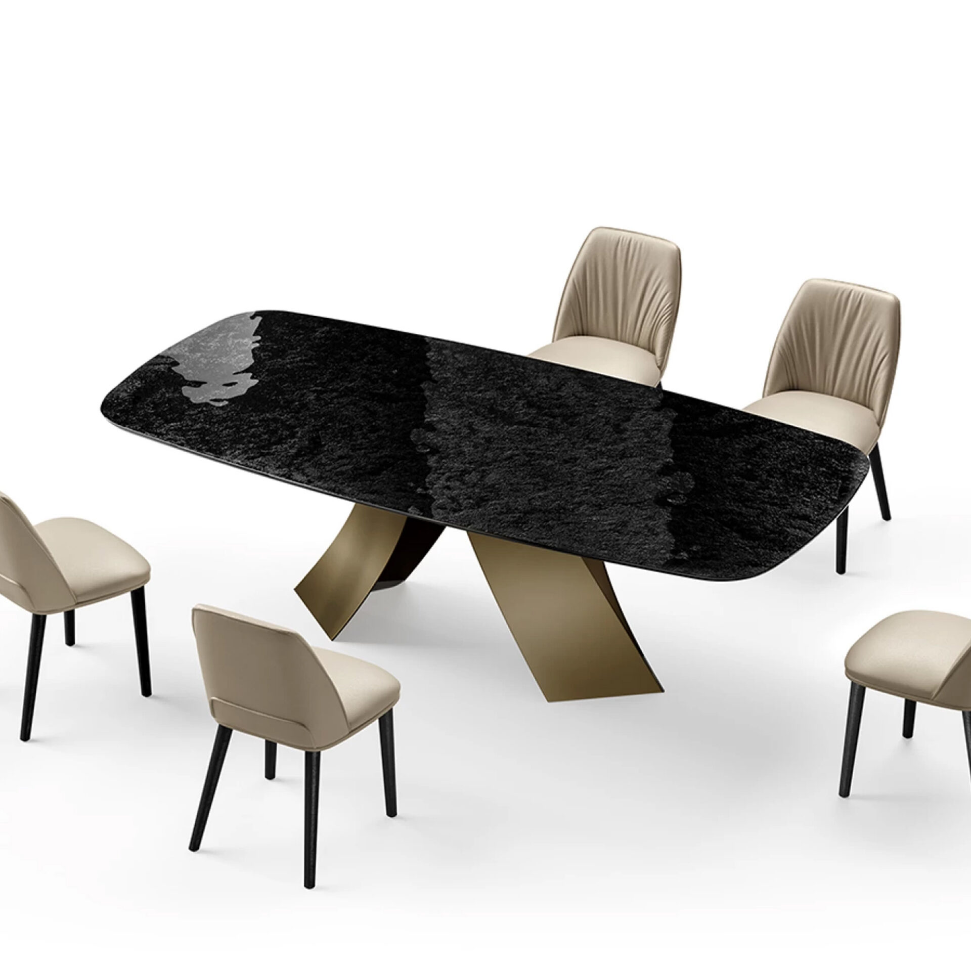 A modern dining set with a black textured table and a bronze sculptural base, surrounded by six cream-colored upholstered chairs with black legs, on a white background.
