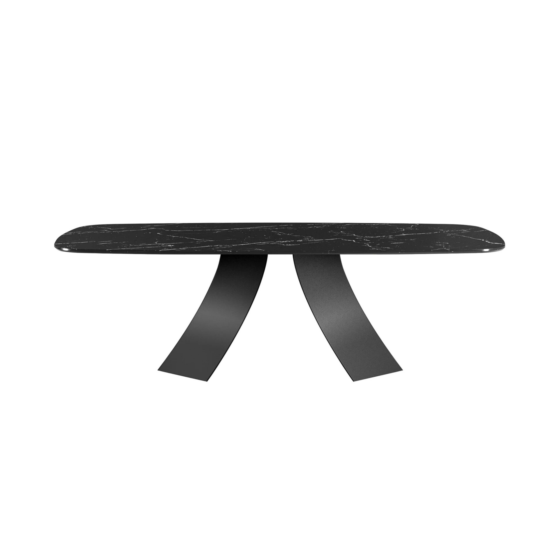 A modern table with a black marble-patterned top and two matte black, curved, sculptural legs on a white background.