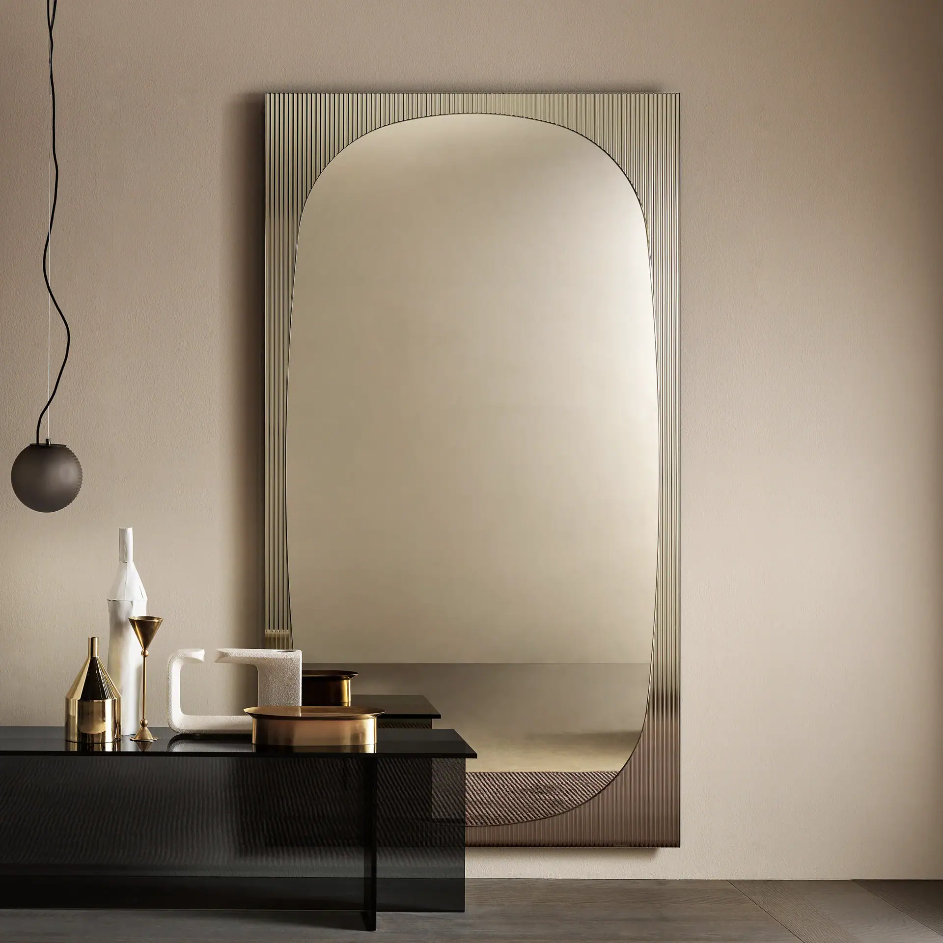 Elegant bands wall mirror with a modern design and sleek metallic finish. Perfect for contemporary h.