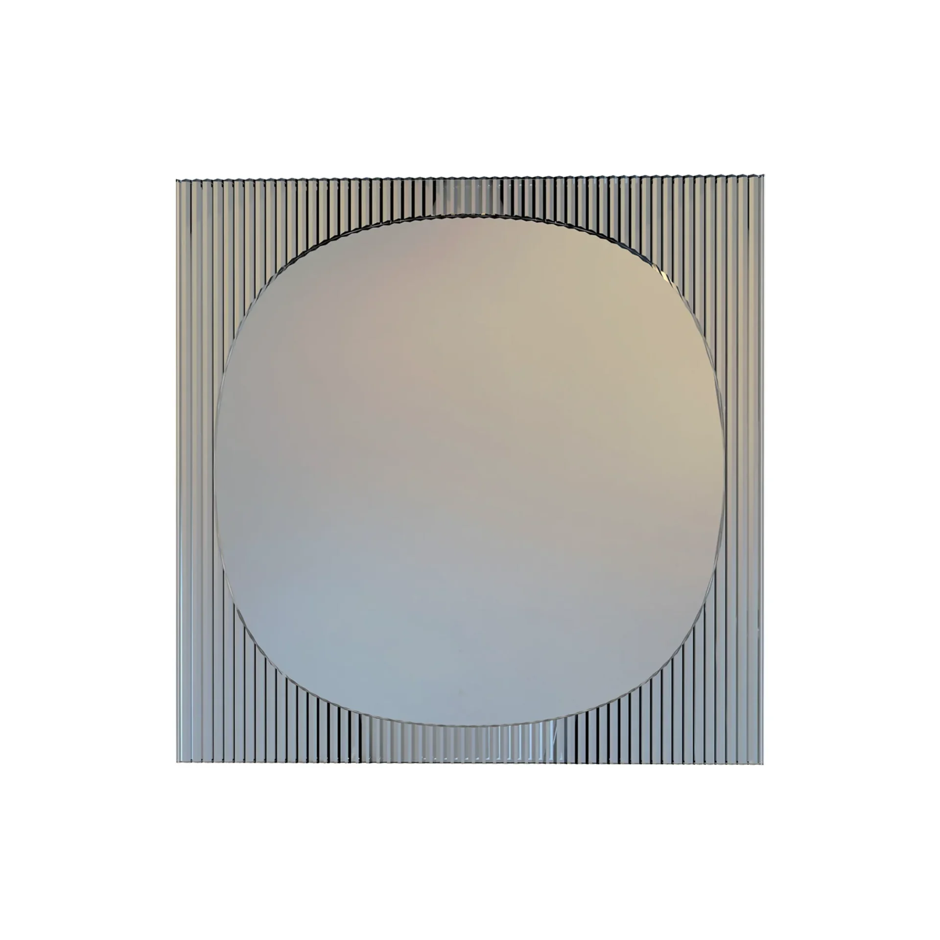 A circular mirror centered on a square background with vertical ribbed lines.