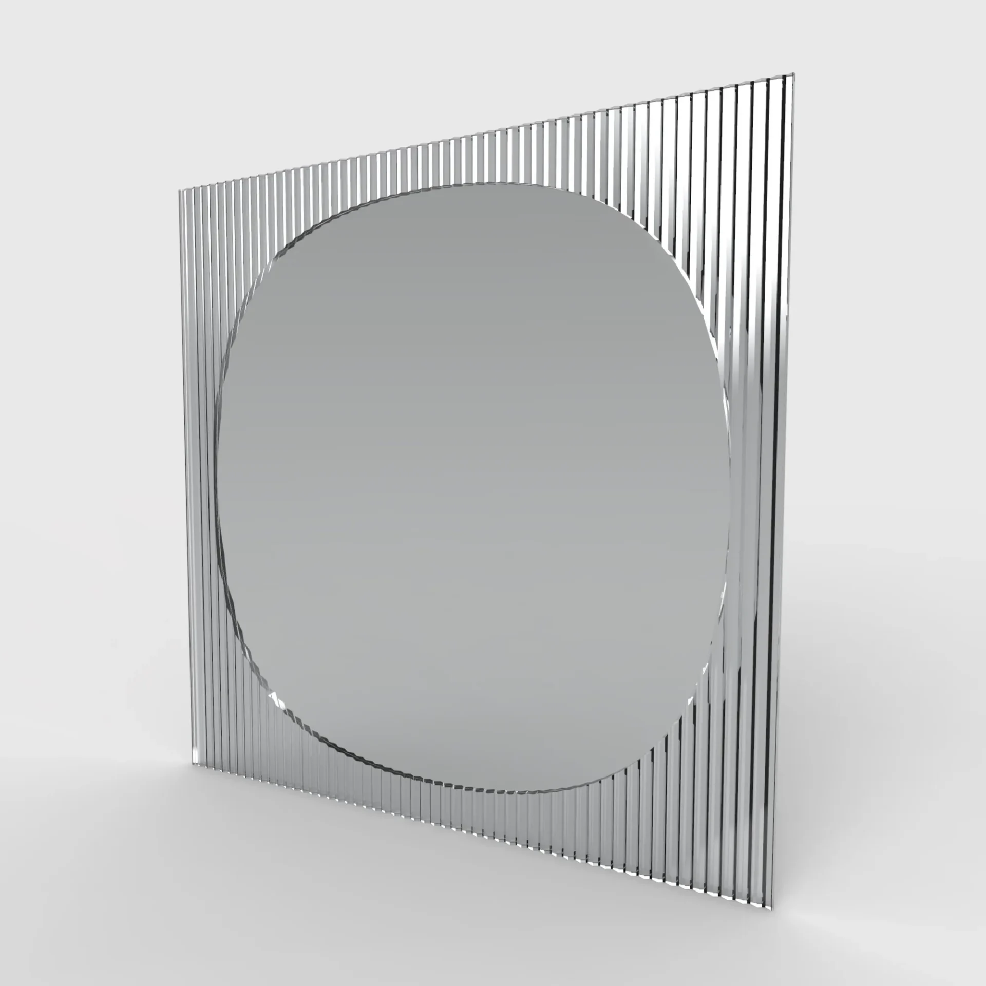A modern circular mirror with a reflective surface, set against a rectangular background made of vertical, thin, reflective strips. The design is sleek and minimalist.